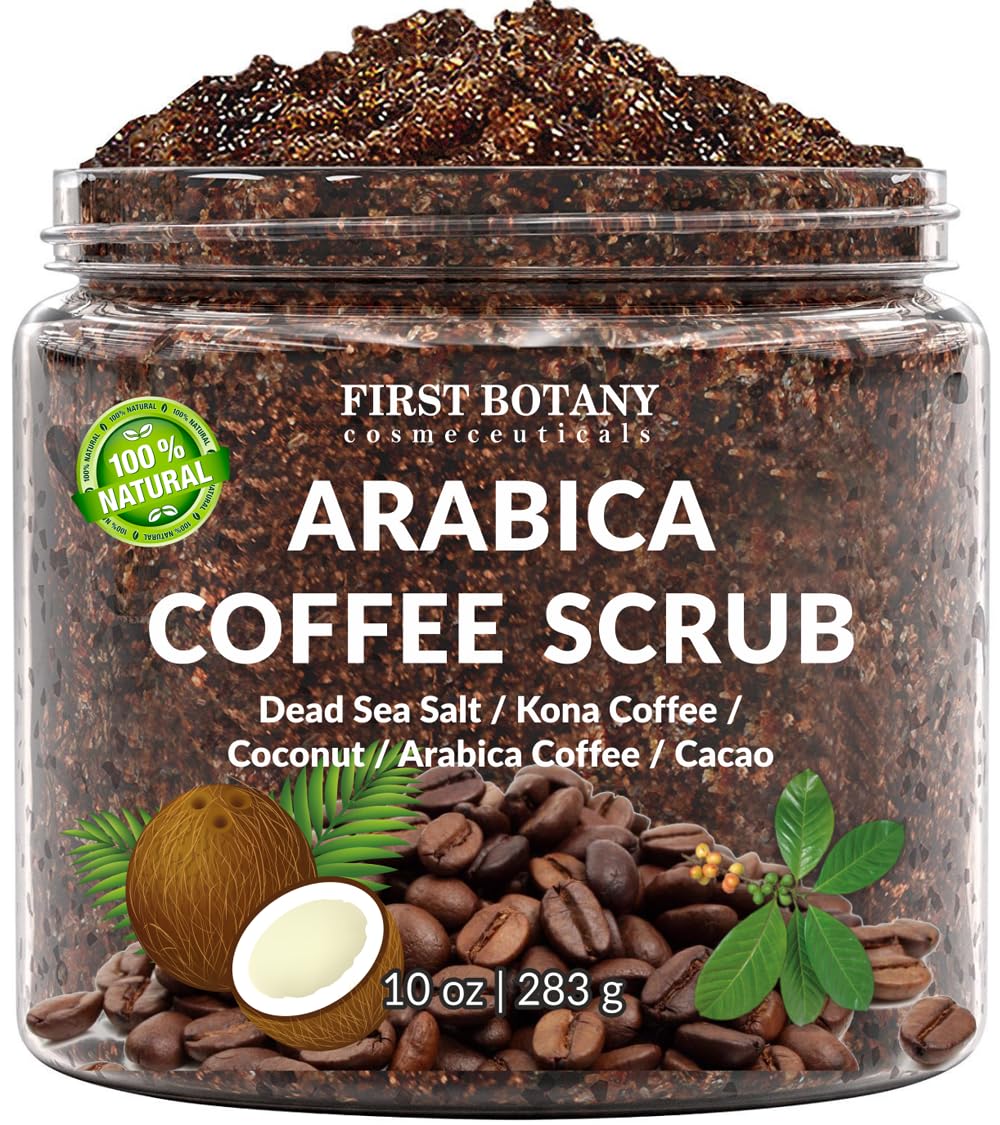 First Botany Cosmeceuticals, 100% Natural Arabica Coffee Scrub with Organic Coffee Coconut & Shea Butter Acne Anti Cellulite & Stretch Mark treatment Spider Vein Therapy, Varicose Veins Eczema, 10 oz