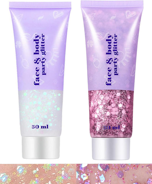Go Ho Pink and White Body Glitter Set,Singer Concerts Face Glitter Gel Makeup,Holographic Long Lasting Chunky Sequins Glitters for Eye Lip Hair Nails,Festival Rave Accessories,White&Pink