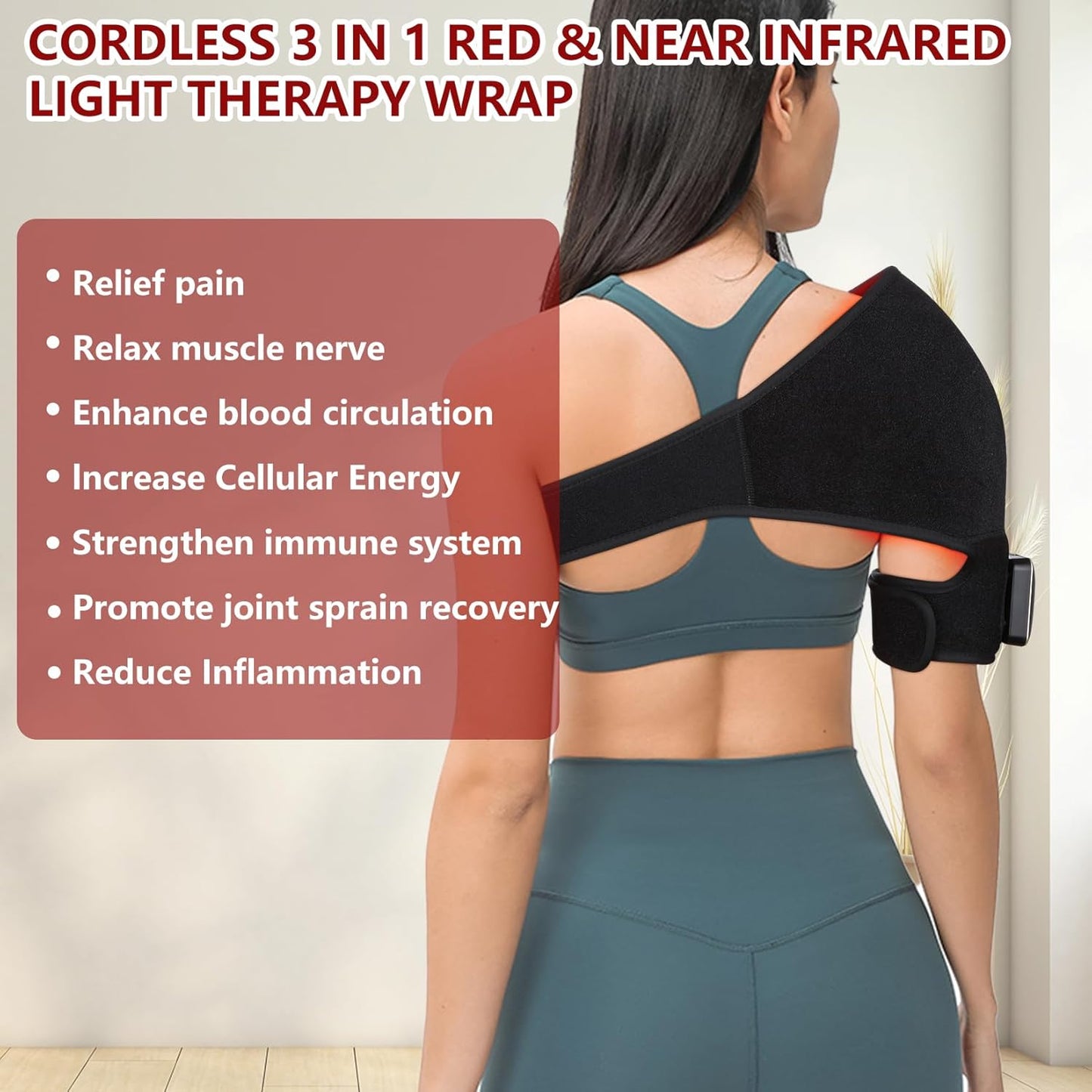 Cordless Red Light Therapy for Shoulder Pain Relief 4000mAh Battery Portable Wireless Near Infrared Light Therapy Devices Wearable Wrap for Arm Body Muscle Relax Treatment Pad
