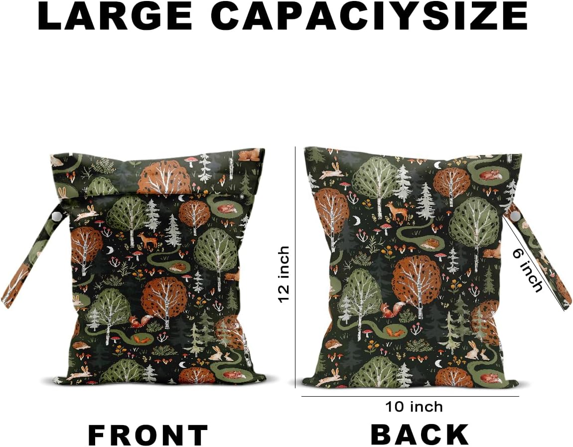 2Pcs Forest Animals Print Wet Bags, Wet Dry Bag Reusable for Swimsuit, Travel, Diapers, Pool, Beach, Dirty Yoga Gym Clothes, Toiletries, Makeup Bag, Zipper Pouch Waterproof Birthday Christmas Gifts