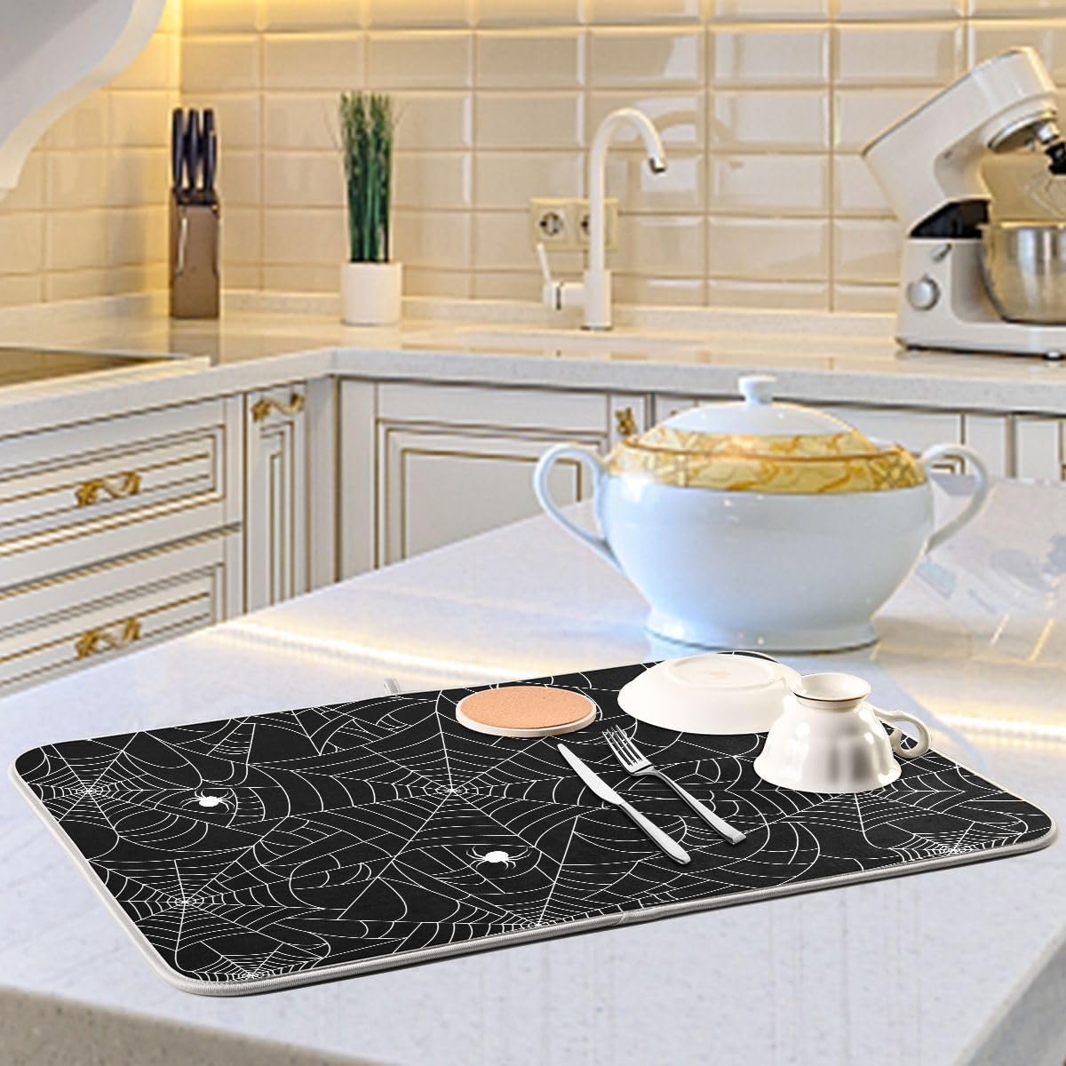 Halloween Spooky Spider Web Dish Drying Mat for Kitchen Happy Halloween Creepy Decoration Microfiber Drying Mats Absorbent Reversible Dish Pad Large Dish Draining Mat 18x24 inch