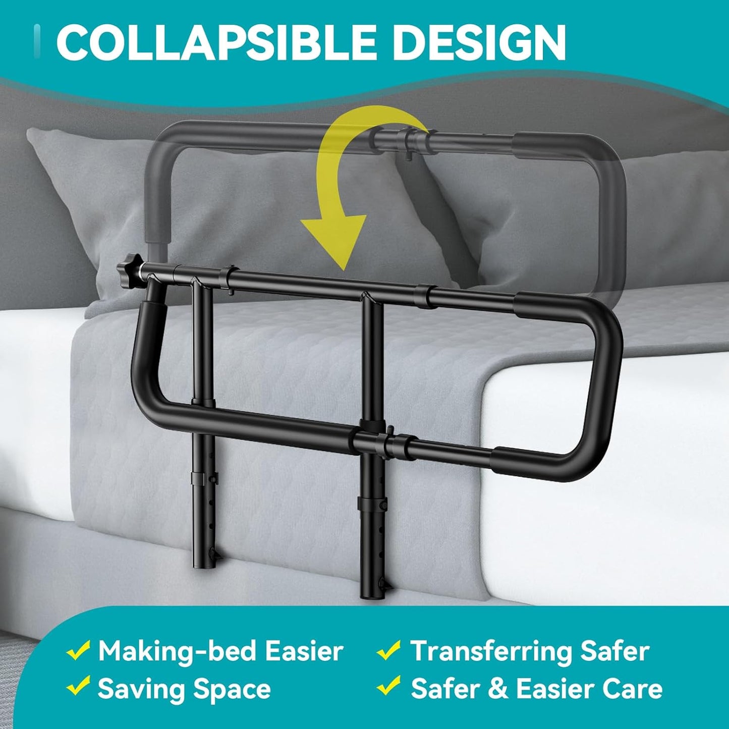 FORTEMOTUS Bed Rails for Elderly Adults Safety with Foldable & Retractable Grab Bar Handrails, ASTM Bedside Rail with Adjustable Height, Storage Pocket & Safety Strap