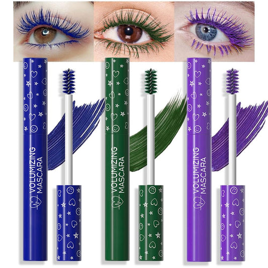 Colored Mascara for Eyelashes Set,Colorful Waterproof Mascara for eyelashes Long lasting Charming Voluminous for Women Halloween Eye Makeup (3Pcs 01#Blue&06#Green&08#Purple, F)