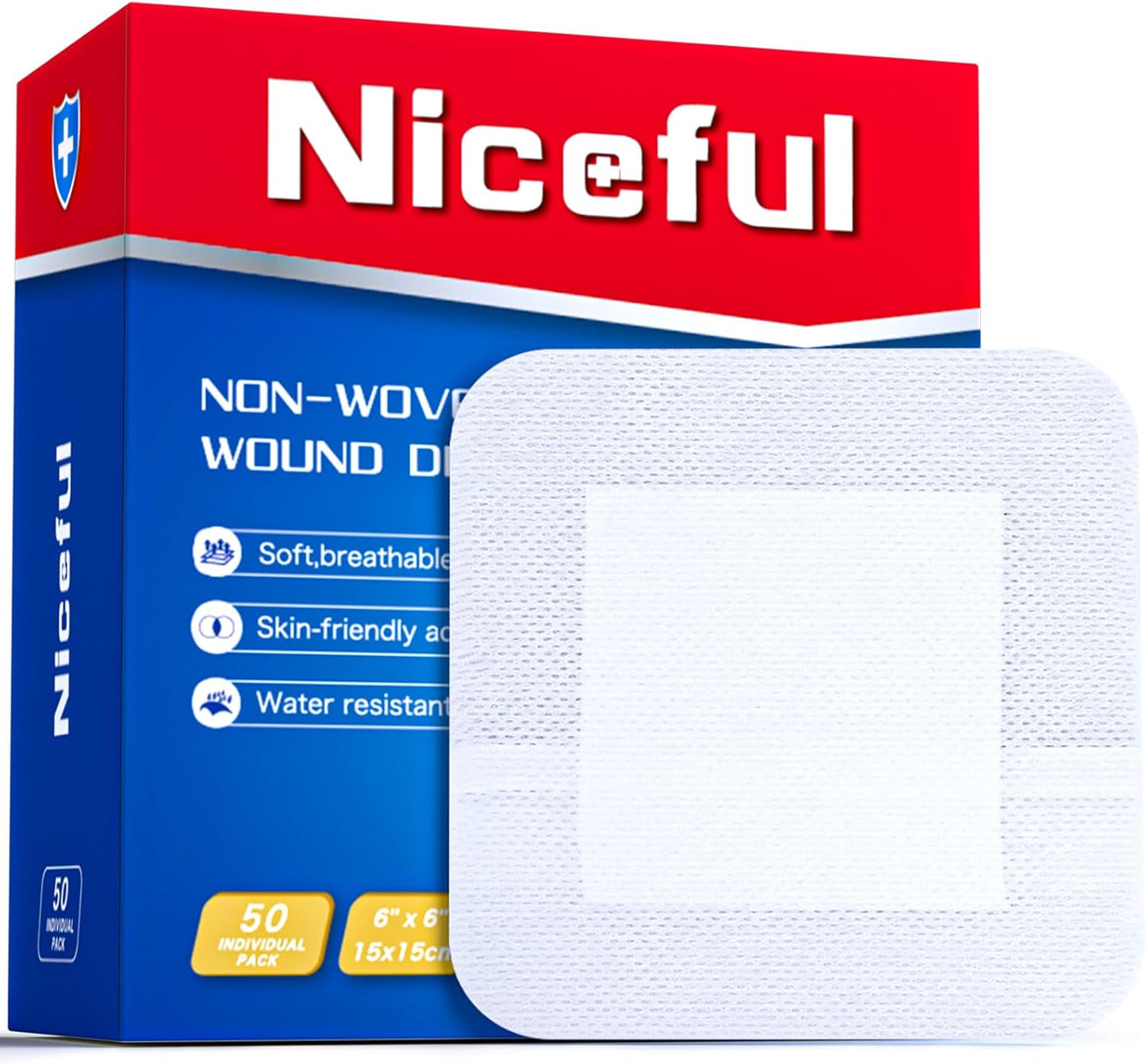 50Pcs Adhesive Gauze Island Dressing 6"x6", Water-Resistant Wound Dressing, Sterile & Absorbent Medical Grade Dressing Pad First Aid Dressing Pads