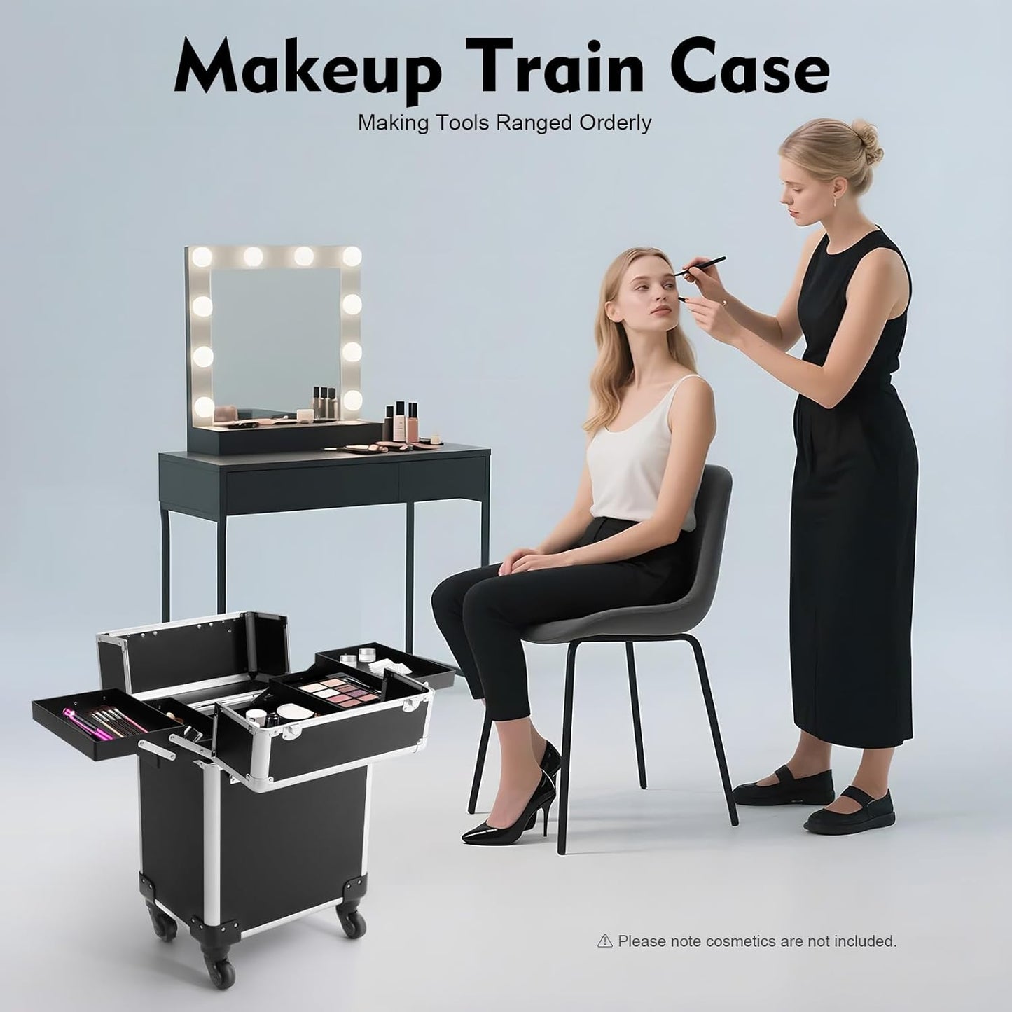 13.23lbs Lockable Makeup Train Case,Rolling Hairdressing Trolley,Beauty Salon Cosmetic Luggage with Universal Wheels for Hair Stylist,Make-up Artists (Black 7)