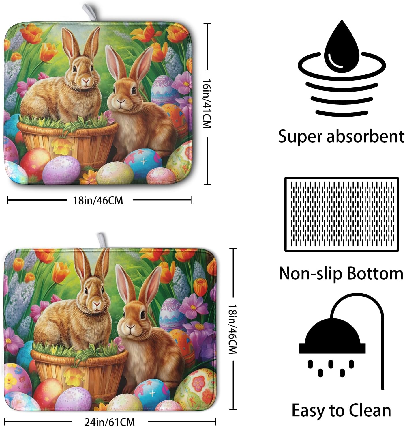 Easter Bunny Eggs Dish Drying Mat for Kitchen Counter, Tulip Floral Flower Drying Mat Spring Summer Holiday Dish Mat Drying Kitchen Mat Absorbent Kitchen Drying Mat for Sink 16x18Inch
