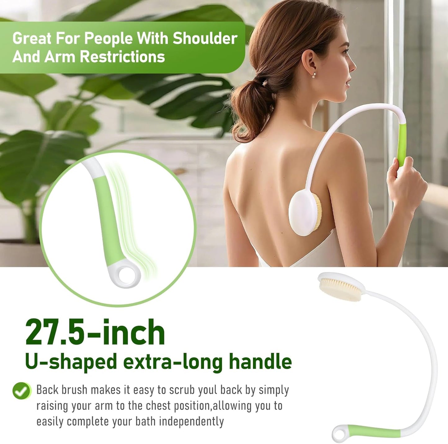Fanwer 27.5” Back Bath Brush Long Handle for Shower and Silicone Body Scrubber, Shower Back Scrubber with Curved Handle for Elderly, Disabled, Limited Mobility, Post-Surgery, Frozen Shoulder