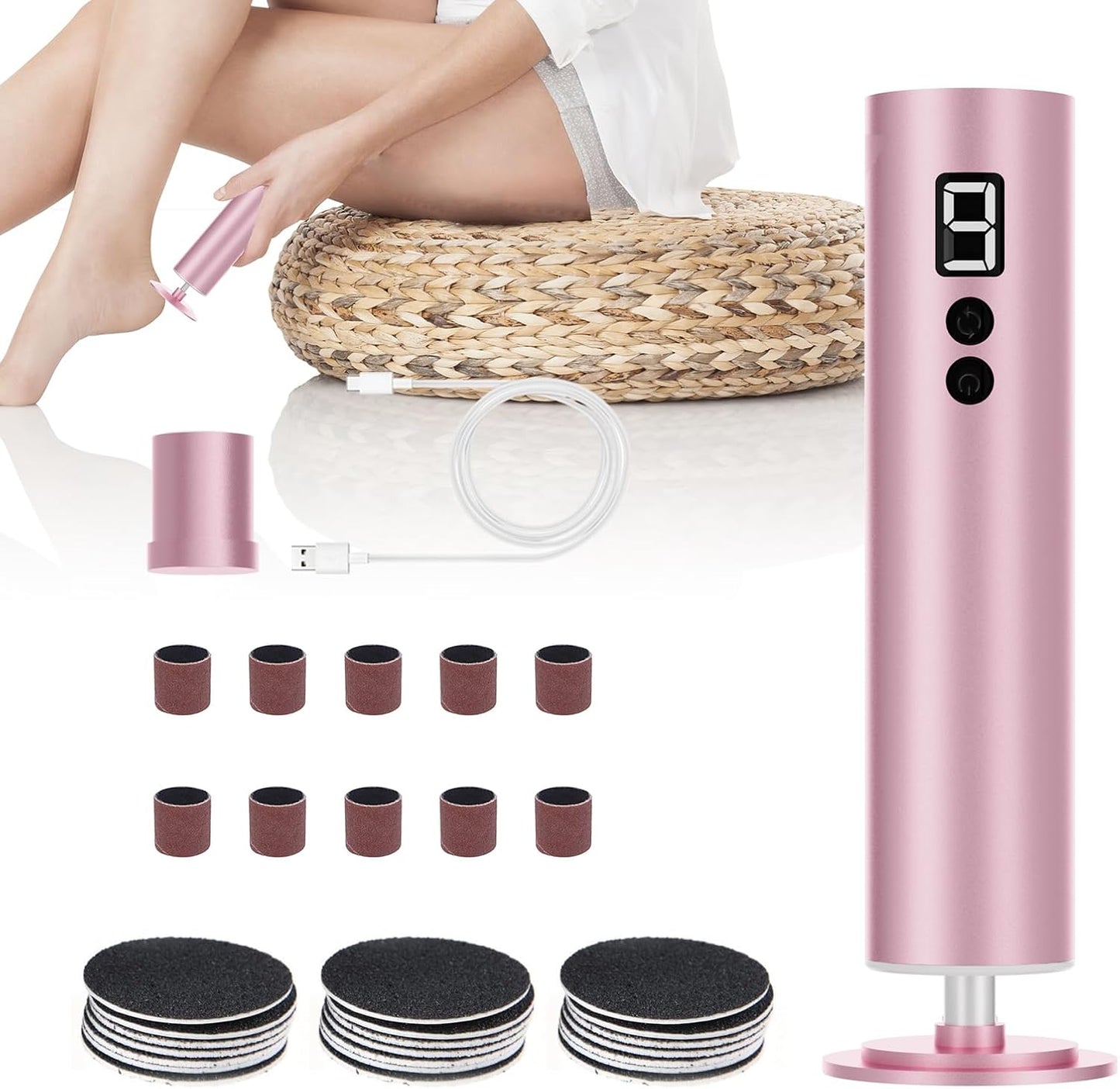 Professional Electric Foot File Tool -Callus Remover Rotating Grinder,1200mAh Rechargeable Battery, 1-Hour Continuous Use, Foot Drill & Sander,Adjustable Speed Foot Files for Deadskin(Pink)