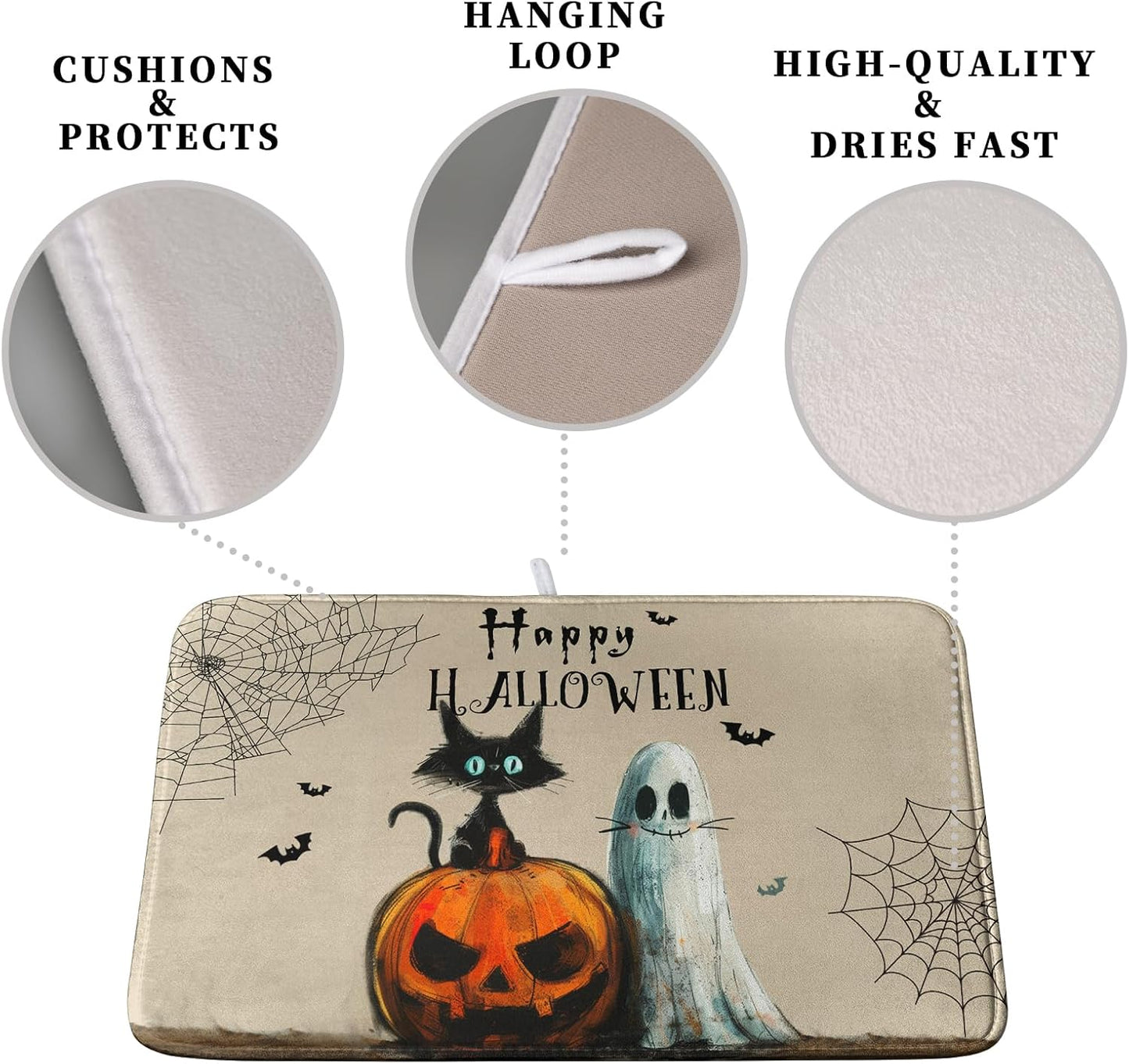 Happy Halloween Dish Drying Mat for Dishs 16x18 Inch Halloween Pumpkin Ghost Black Cat Kitchen Drying Mat Spooky Spiderweb Holiday Dish Drainer Mat Super Absorbent Dish Rack Pad for Coffee Bar Sinks