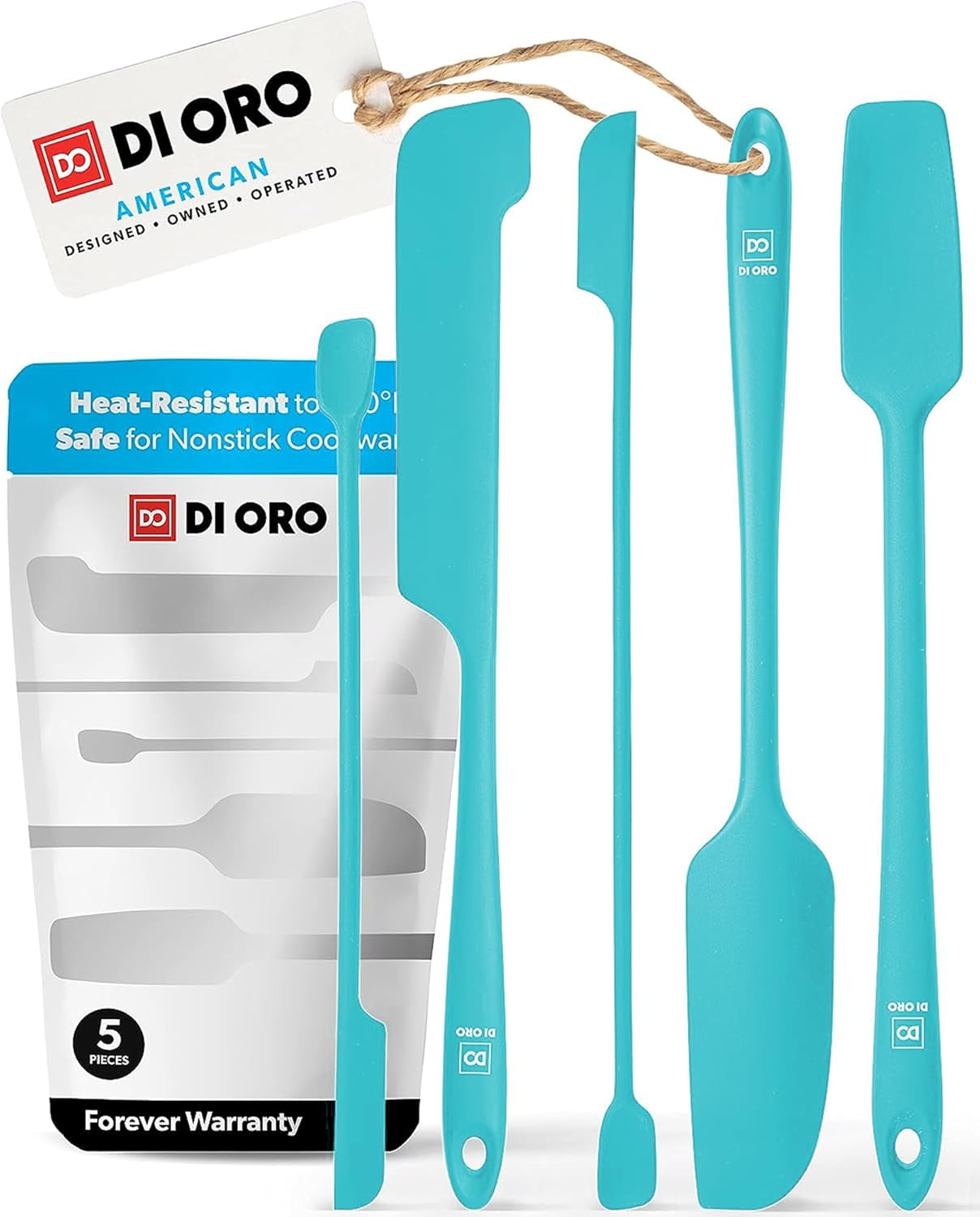 DI ORO Silicone Jar Spatulas for Scraping - Rubber Spatulas Silicone Heat Resistant - Kitchen Spatulas Nonstick Cookware Safe - Silicone Utensil Set for Blenders, Mixing, Baking, & Makeup (5pc, Teal)