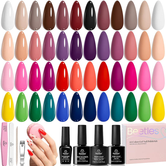 Beetles Fall Gel Polish Kit - Chic Outfits Collection 25 Colors Polish Set, Brown Purple Nude Red Black Color Gel Nails with 3Pcs Base Top Coat Manicure Kit Salon DIY Home Gift for Women