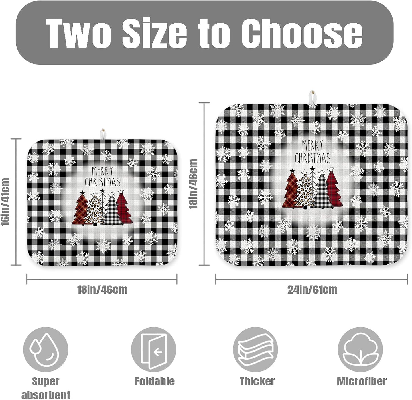 Dish Drying Mat for Kitchen Counter Large 16" x 18" Buffalo Plaid Christmas Tree Absorbent Microfiber Dishes Drainer Rack Mats Pad Reusable Washable