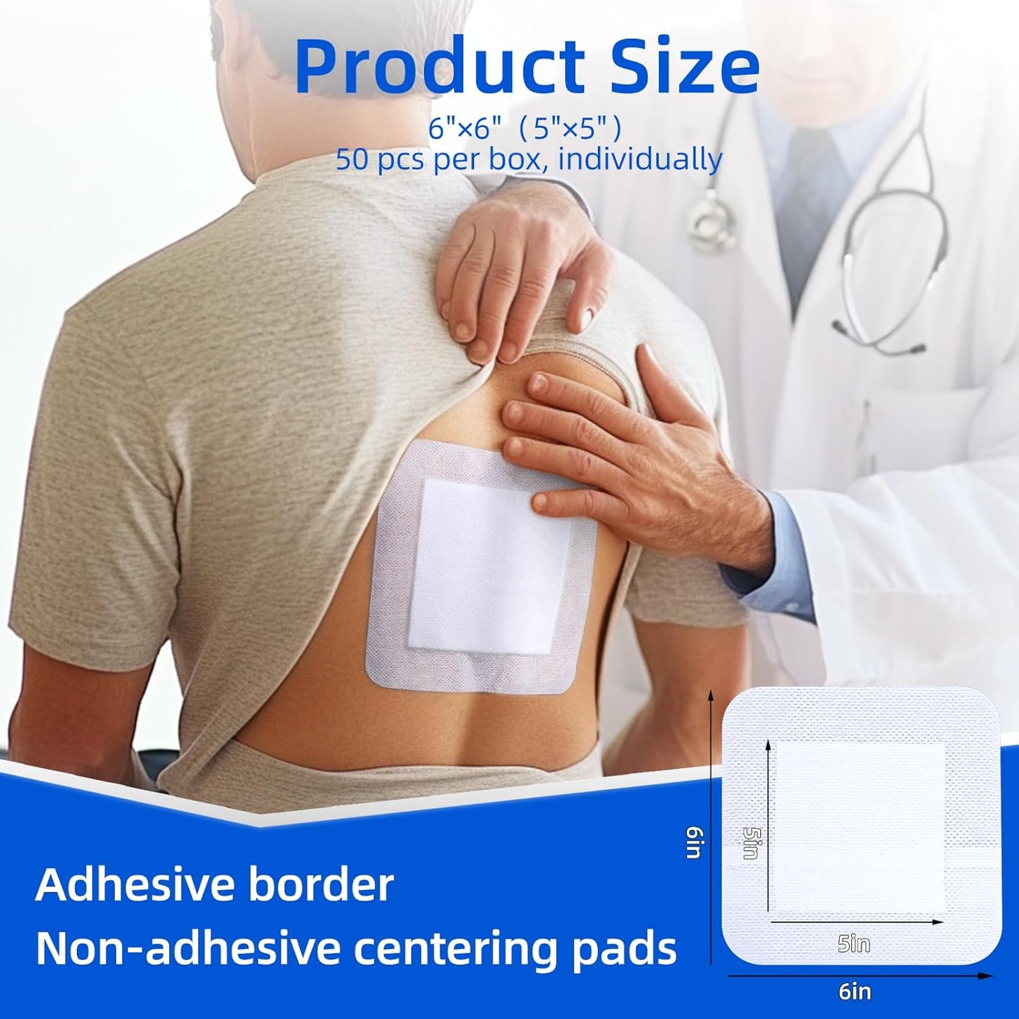 50Pcs Adhesive Gauze Island Dressing 6"x6", Water-Resistant Wound Dressing, Sterile & Absorbent Medical Grade Dressing Pad First Aid Dressing Pads