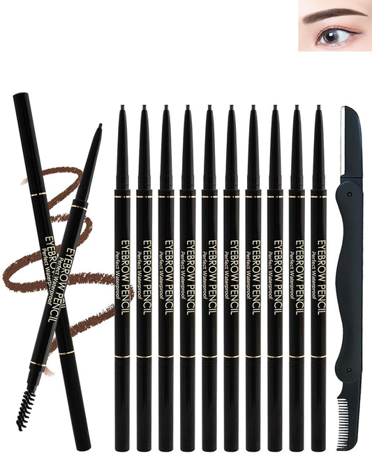 12Pcs Waterproof Brown Eyebrow Pencil Set, Professional Brow Micro Eyebrow Retractable Pencil, Ultra Fine Long Lasting for Perfect Eye Liner Brows Women Eye Makeup Shaping & Filling Brow Gel Pen- 03