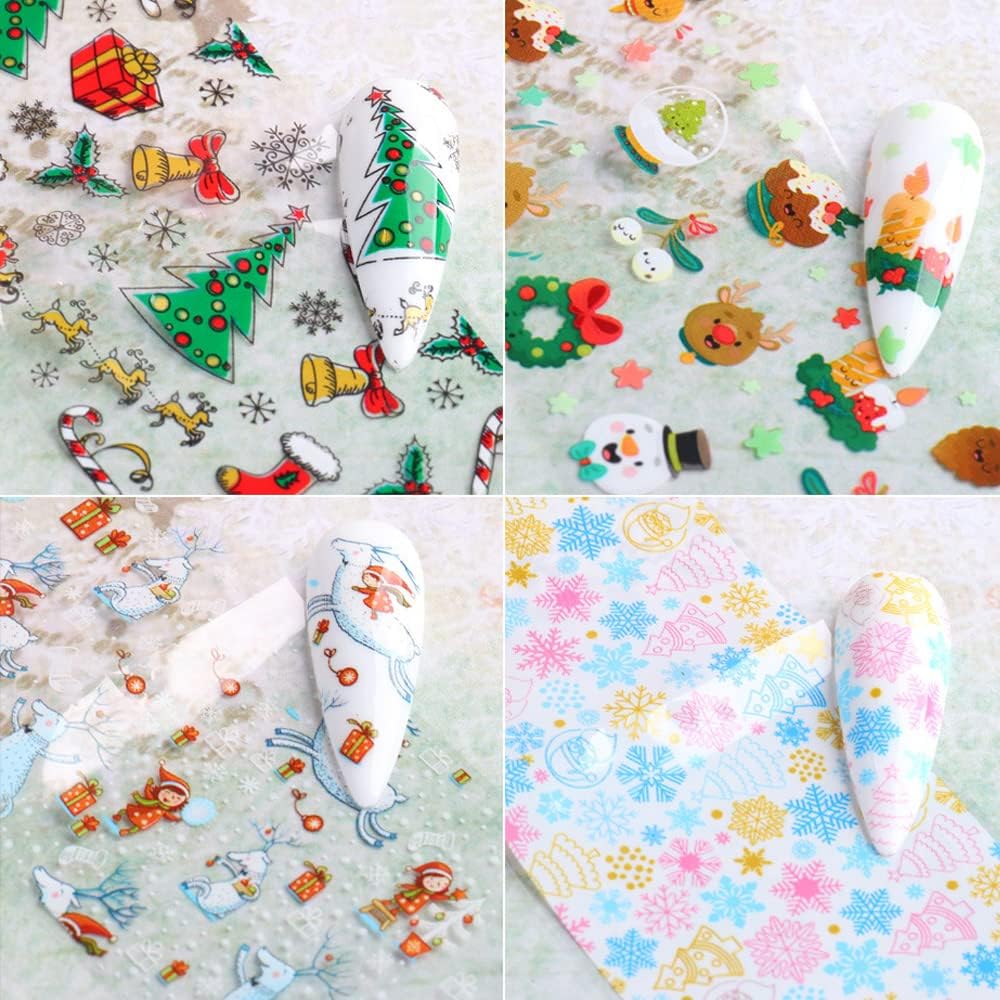 Christmas Nail Stickers Decals Nail Foil Transfer Sticker 10 Sheets Christmas Santa Tree Snowflake Deer Xmas Holiday Decorations Stickers for Manicure Supplies
