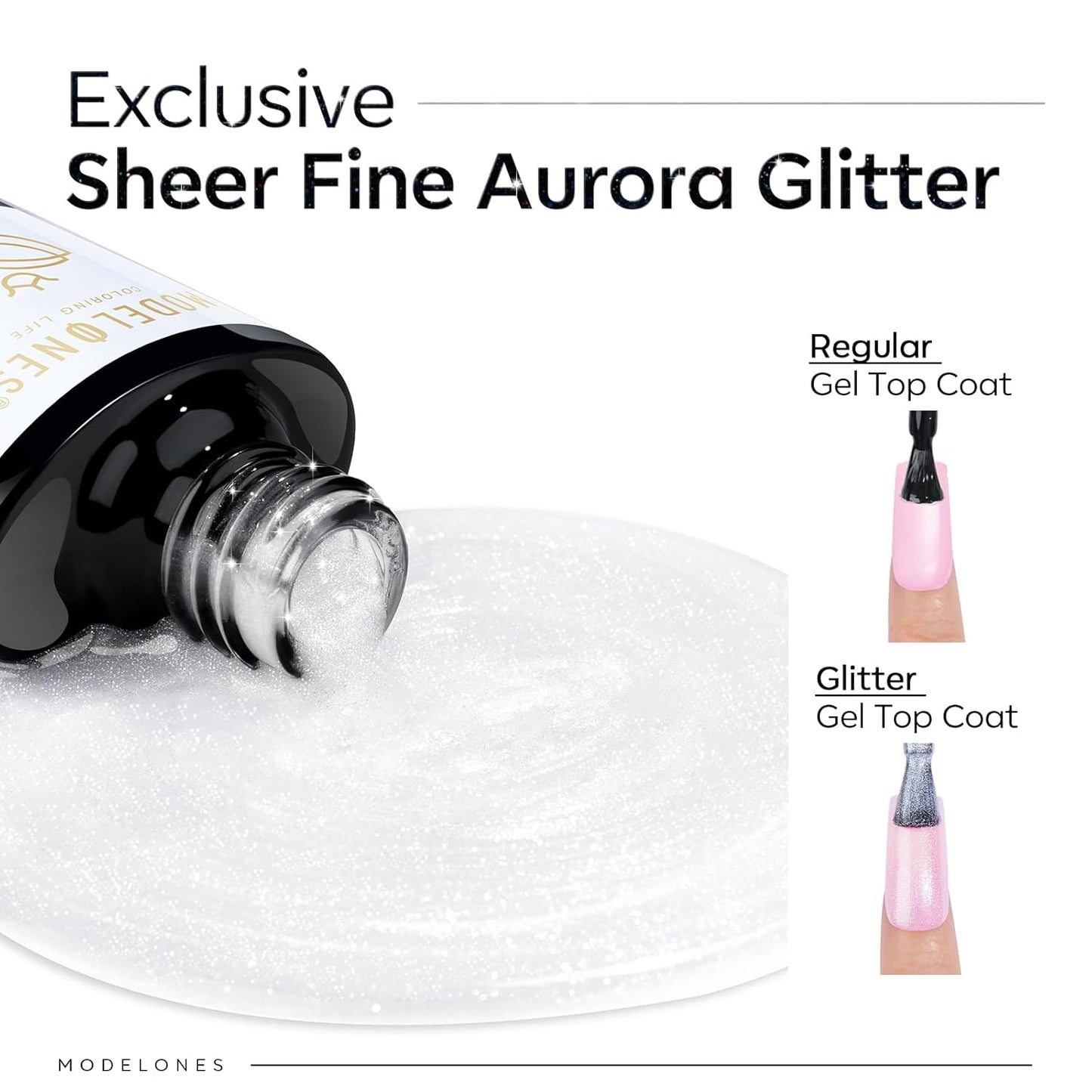 Modelones Glitter Gel Top Coat, Ultra Fine White Aurora Clear Glitter Gel Polish Glossy Sparkle Finish Long Lasting Soak Off Pearlescent Shimmer Manicure Nail Art Gift for Women Girls