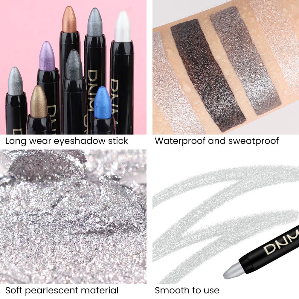 evpct 4Pcs White Black Grey Silver Cream Eyeshadow Pencil Bulk Stick Set, Waterproof Pearl white Dazzling grey Pearl black Silver Shimmer Metallic Eye shadow Crayon Stick sombras en crema para ojos