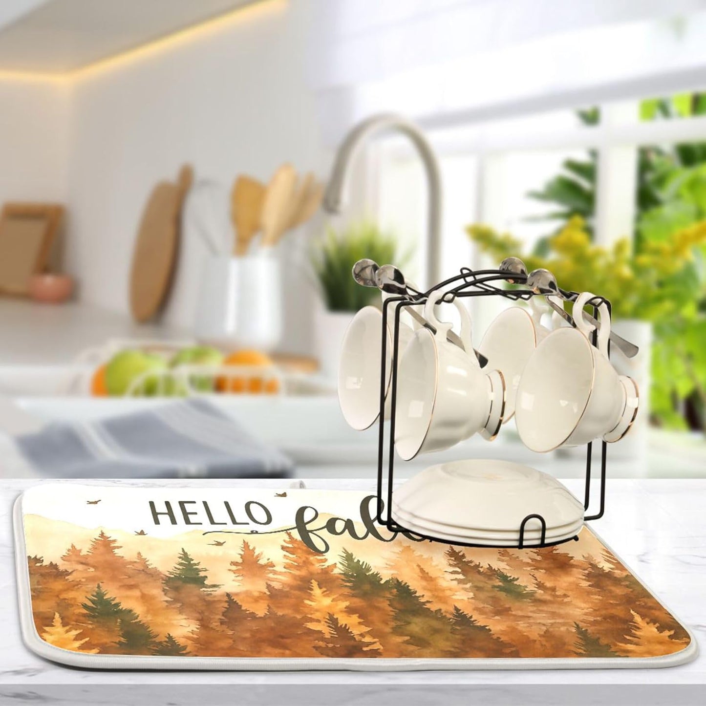 Hello Fall Forest Dish Drying Mat for Kitchen Countertop 16x18 Autumn Pine Tree Small Drying Mat Reusable Quick Dry Dish Sink Mats Easy Clean Decorative Essentials