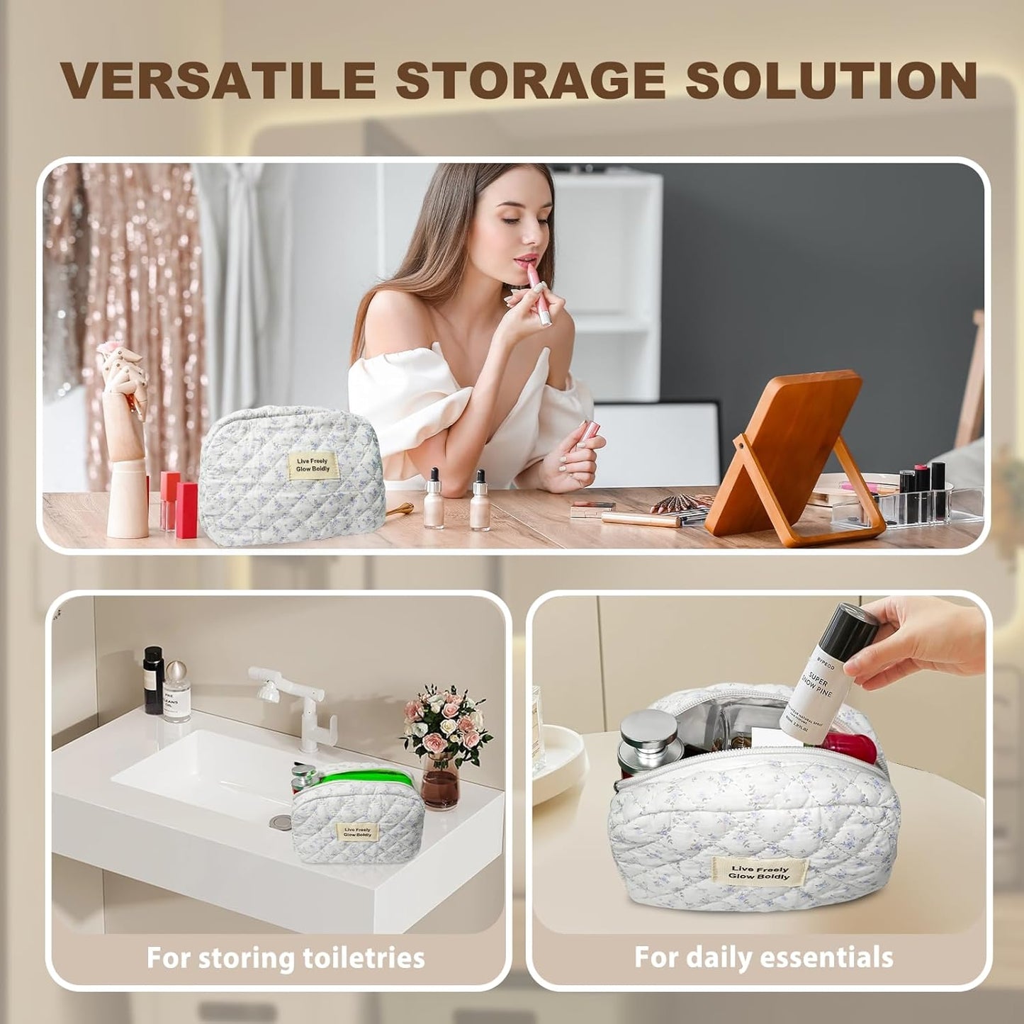 3Pcs Large Travel Quilted Makeup Bag, Double Layer Cute Floral Cotton Toiletry Bag, Aesthetic Flower Cosmetic Bag Coquette Skincare Organizer Bag for Women (77-BlueFloral)