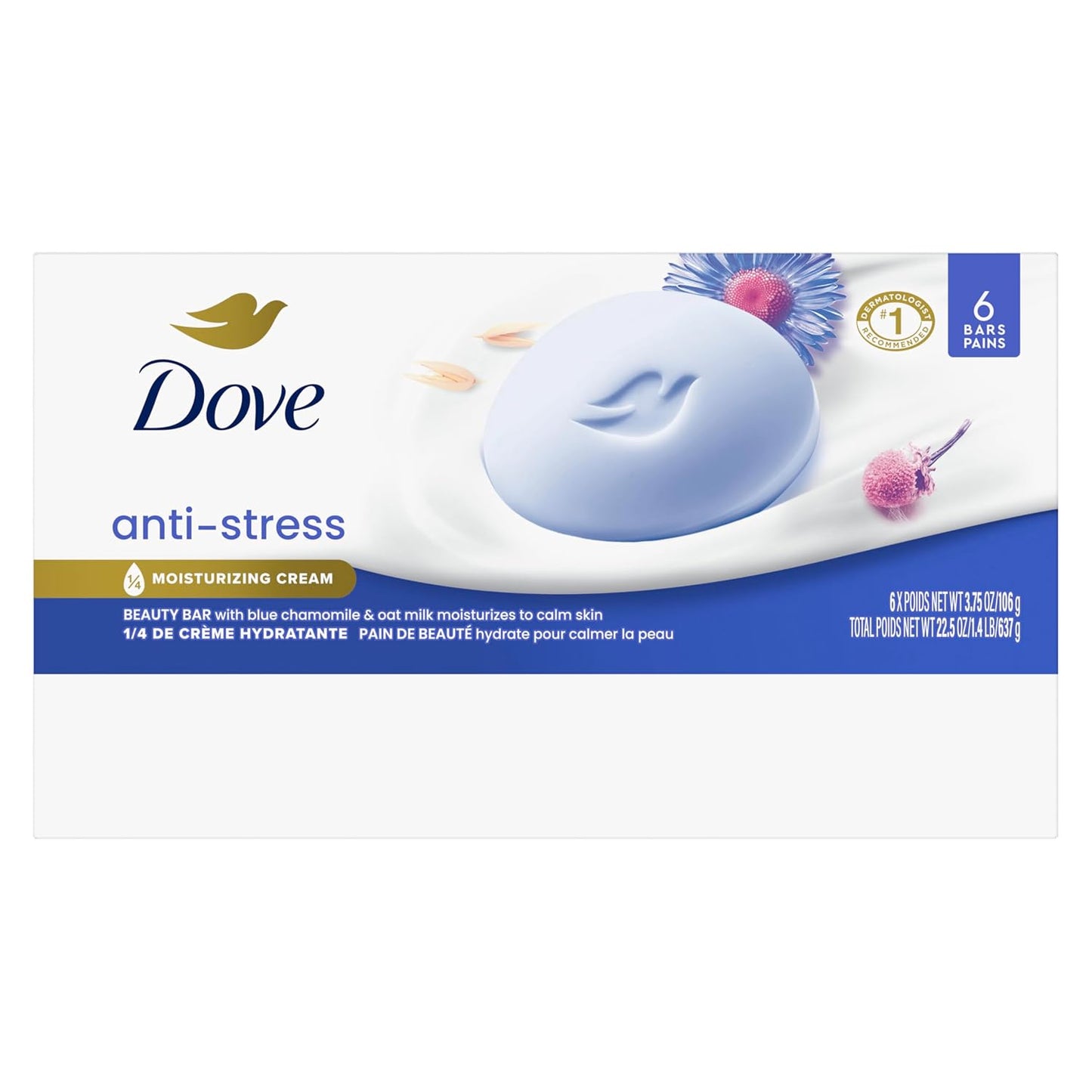 "Dove Anti-Stress Blue Chamomile And Oat Milk Moisturizes to Calm Skin Soap 106g Pack Of 6