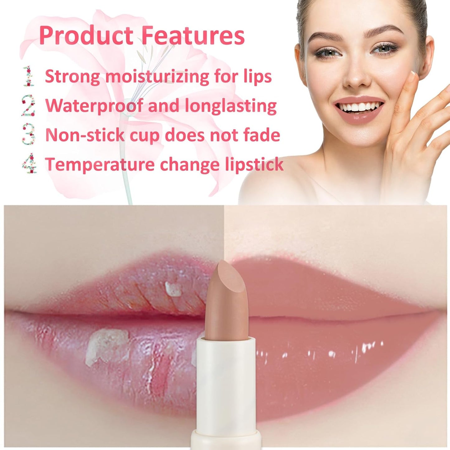 1 Pack Crystal Flower Jelly Lipstick,Magic Color Changing Lipstick,PH Clear Temperature Color Changing Lip Gloss,Lip Balm,Long Lasting Nourishing Moisturizing Lip Stick Set 02
