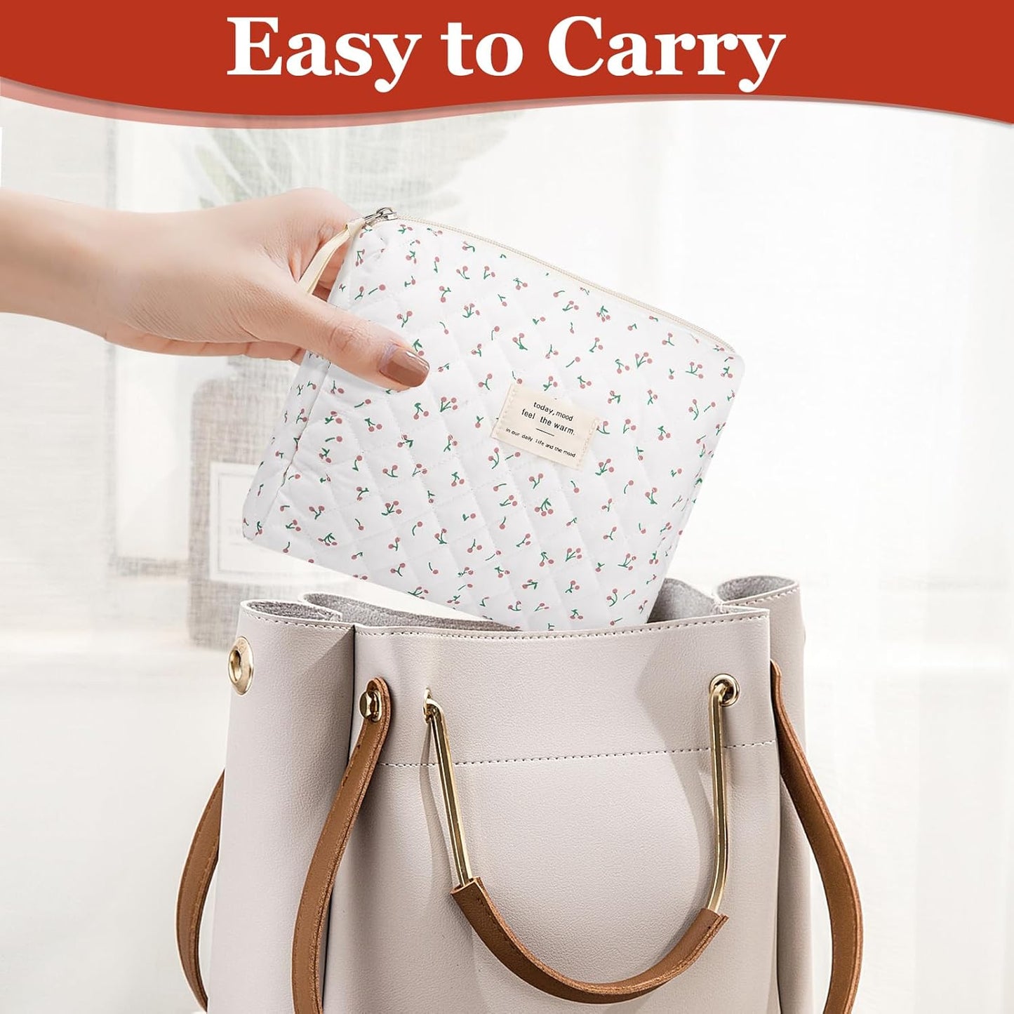 Floral Makeup Bag, Small Cosmetic Bag for Women Girls, Cute Cotton Makeup Bag, Quilted Makeup Bags, Flower Travel Toiletry Organizer Bag(White Cherry)