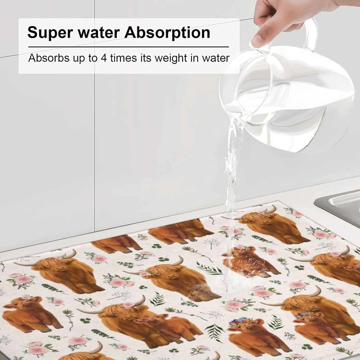 Highland Cow Dish Drying Mat for Kitchen Counter Cute Kitchen Mat Microfiber Kitchen Countertop Absorbent Reversible Drainer Rack Pad Dish Drying Mat 18 x 24 Inch