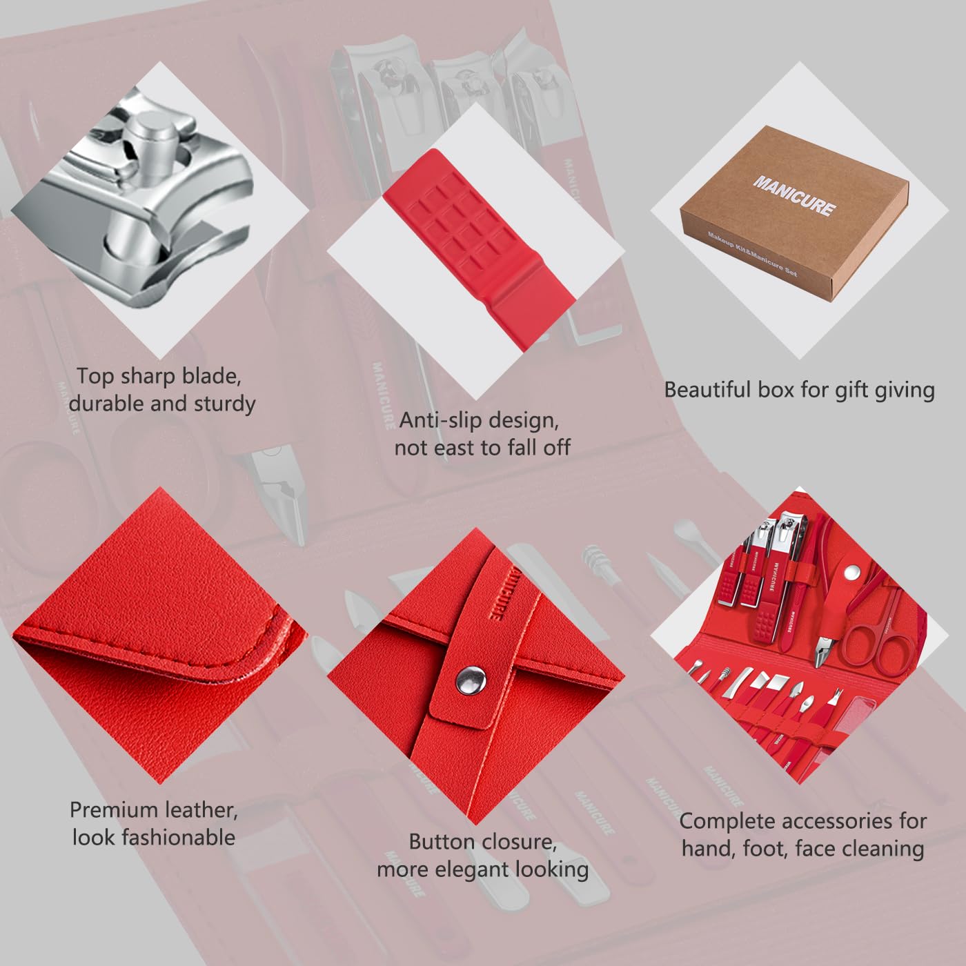 Manicure Set Professional Nail Clippers Pedicure Kit, 16 pcs Stainless Steel Nail Care Tools Grooming Kit with Luxurious Travel Leather Case for Thick Nails Men Women Gift (Red)