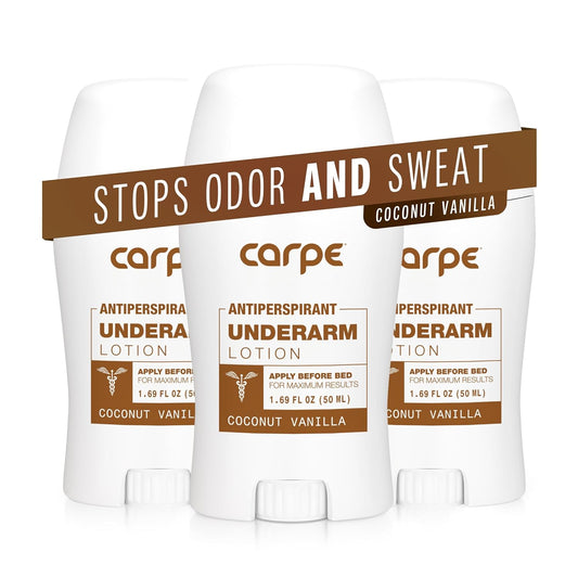 Carpe Underarm Antiperspirant and Deodorant, Clinical strength with Coconut Vanilla scent, Combat excessive sweating, Stay fresh and dry, Great for hyperhidrosis (Pack of 3)