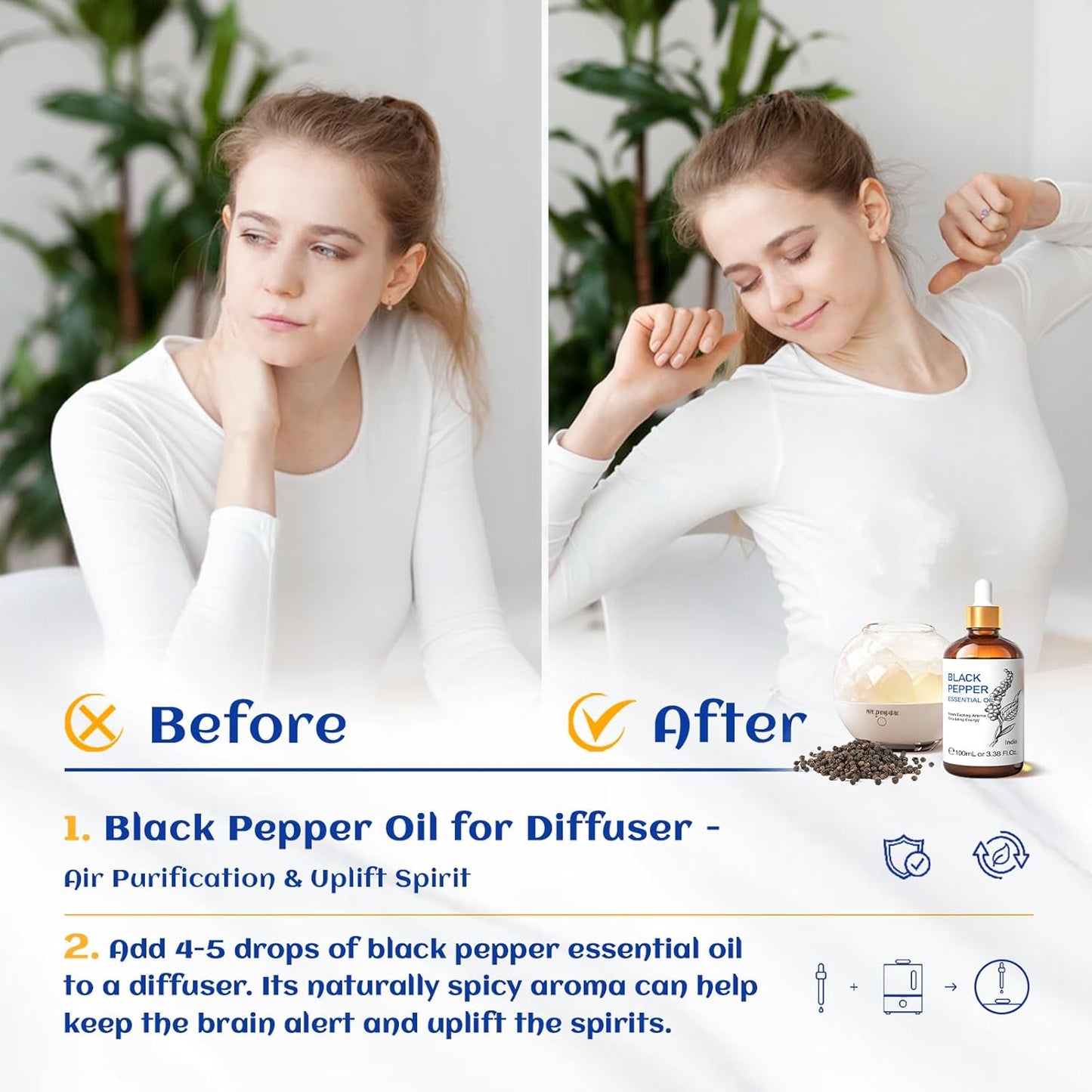 HIQILI Black Pepper Essential Oil for Aromatherapy & Diffuser - Natural Spicy & Warming Scent - Therapeutic Grade - 3.38 Fl Oz