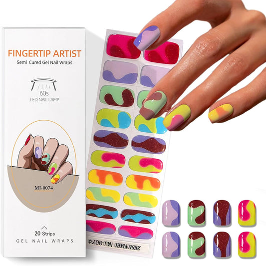 Semi Cured Gel Nail Strips with Colorful Designs Gel nail stickers Glossy Nail strips Salon Quality & Easy to Use 20 Pcs for Women