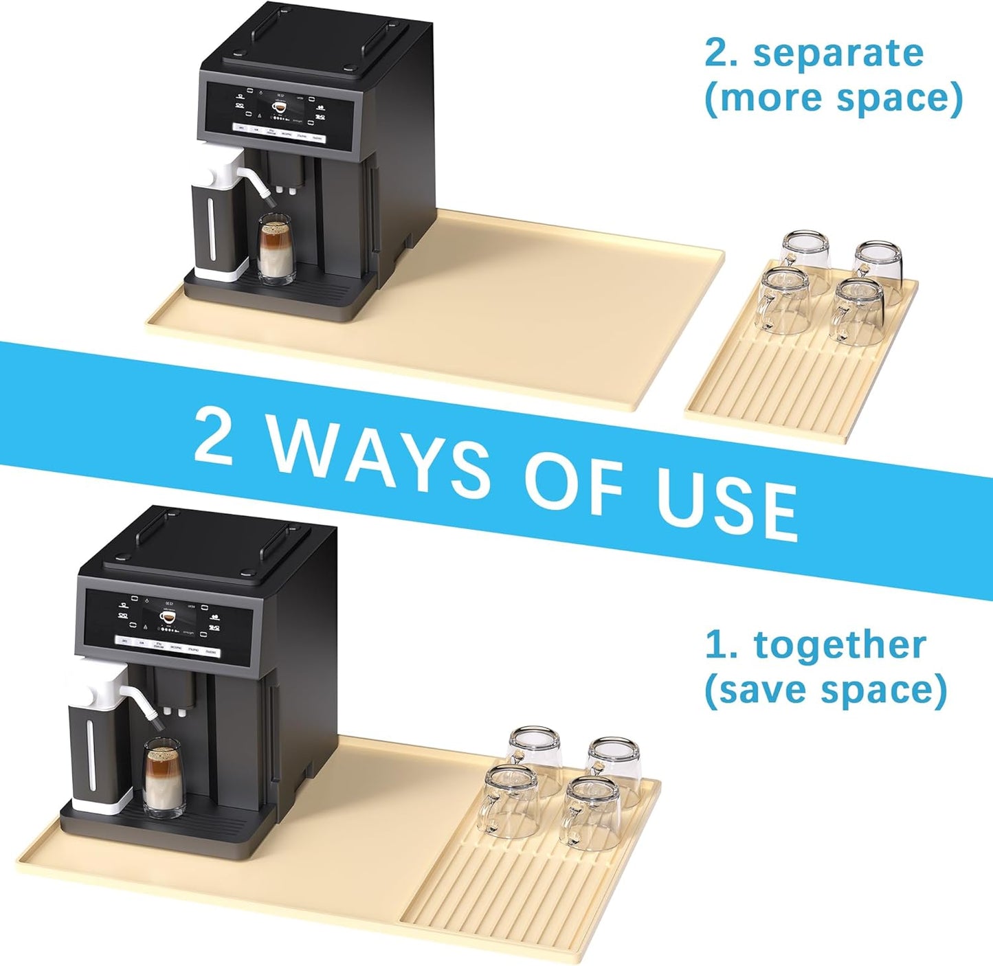 Golener Silicone Coffee Mat Set - 24" x 16" Coffee Bar Mat for Countertop, Kitchen Station Pad Accessories Fit Under Cafe Maker Espresso Machine, Dish Drying Mat, Heat Resistant Kitchen Pad, Beige