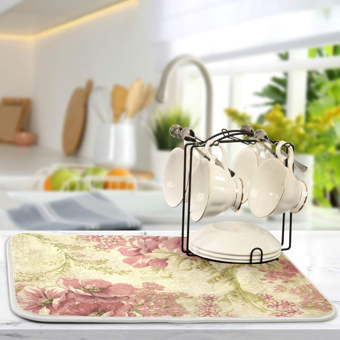 Dish Drying Mat for Kitchen Counter Vintage Pink Rose Absorbent Microfiber Drying Pad Dish Drainer Mat 18 x 16 Inch Reversible Bottles Dish Dry Pad