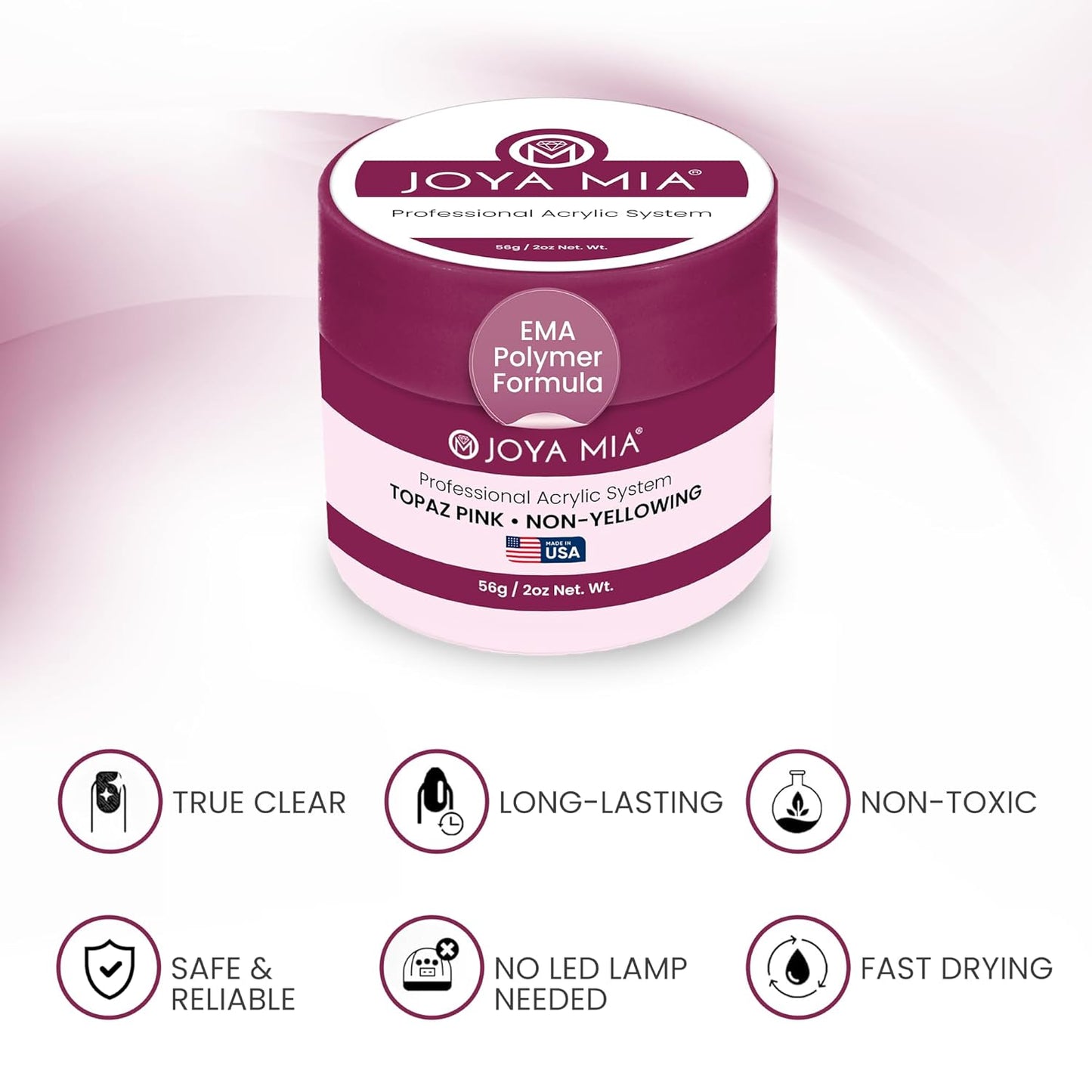 Joya Mia Acrylic Powder for Nails, MMA-Free, Super Adhesion Professional Powder for Flawless & Long-Lasting Nail Enhancements, Easy Application, Vibrant & Stunning Colors - Topaz Pink, 2 oz