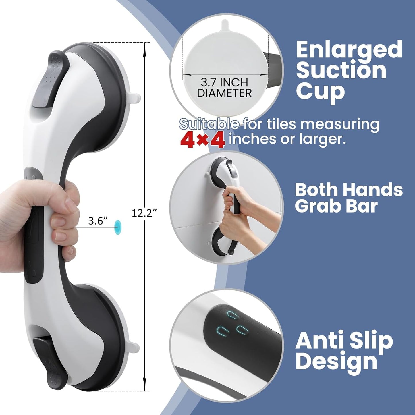 Grab Bars for Bathtubs and Showers 2 Pack Glow in The Dark, 12 inch Suction Grab Bar, Shower Handle Safety Grip Handrail for Seniors and Elderly, Removable Waterproof No Drilling, Black