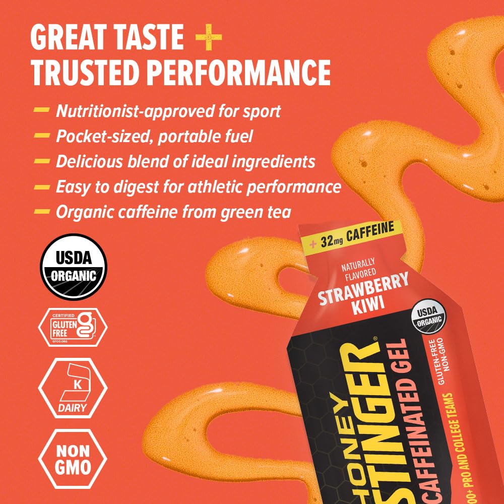 Honey Stinger Organic Strawberry Kiwi Energy Gel, Caffeinated & Gluten Free, for Exercise, Running and Performance, Sports Nutrition for Home & Gym, Pre and Mid Workout, 12 Pack, 13.2 Ounce