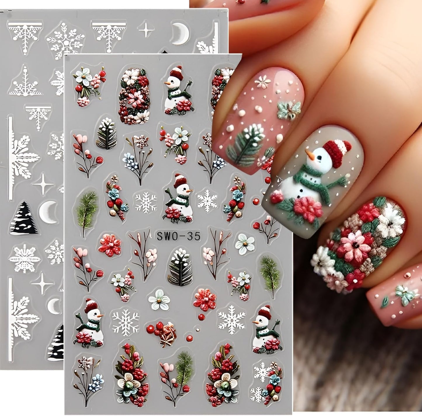 Christmas Nail Art Stickers Decals 5D Embossed Nail Decals Snowman Christmas Tree Snowflake Holiday Nail Stickers for Nail Art Xmas Nails Design Christmas Nails Supplies for Women Girls