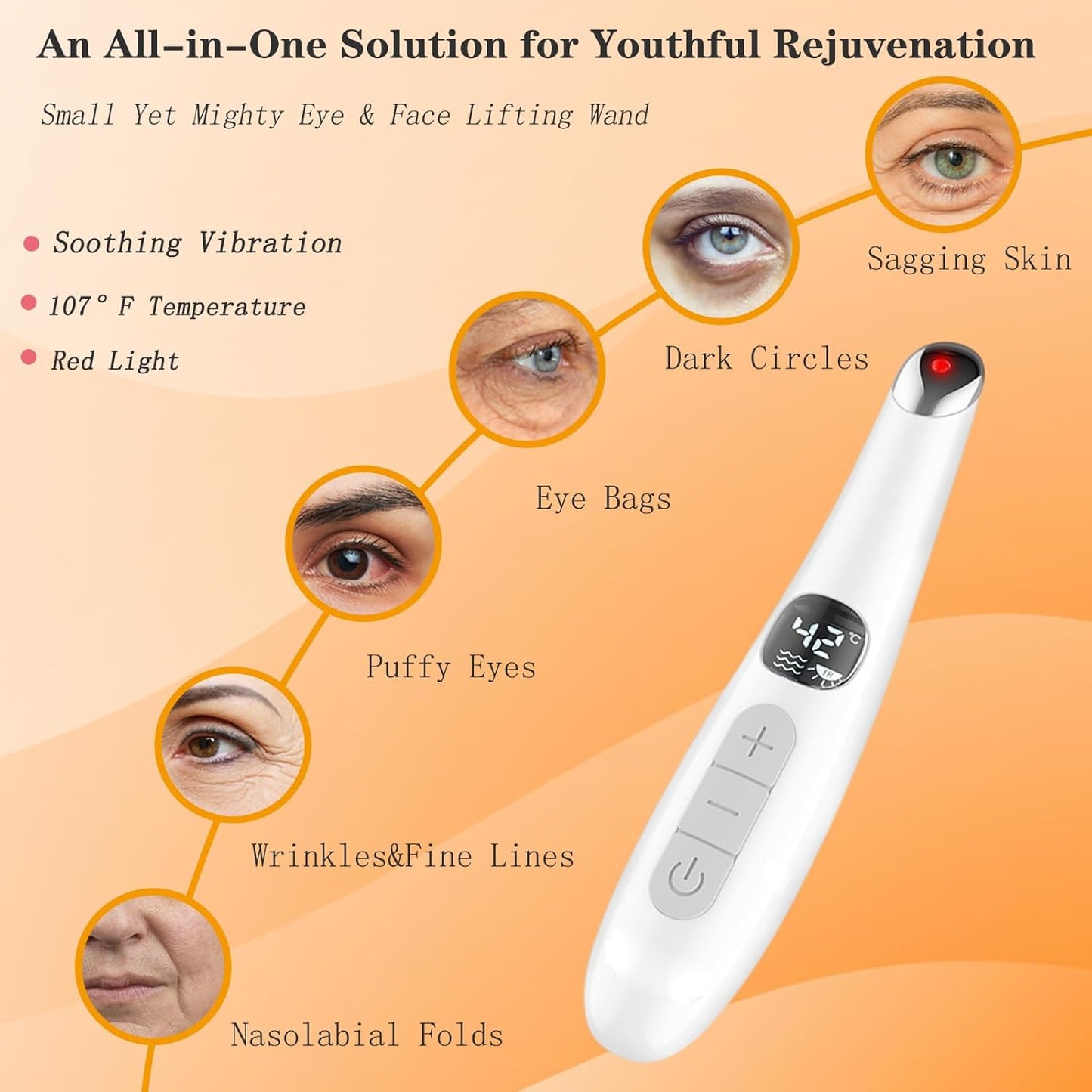 Eye Lift Wand, 3 in 1 Vibrating 98°F to 113°F LCD Display Screen Eye Massager for Dry Eyes, Dark Circles and Puffiness, Fine Lines and Wrinkles, Cream White
