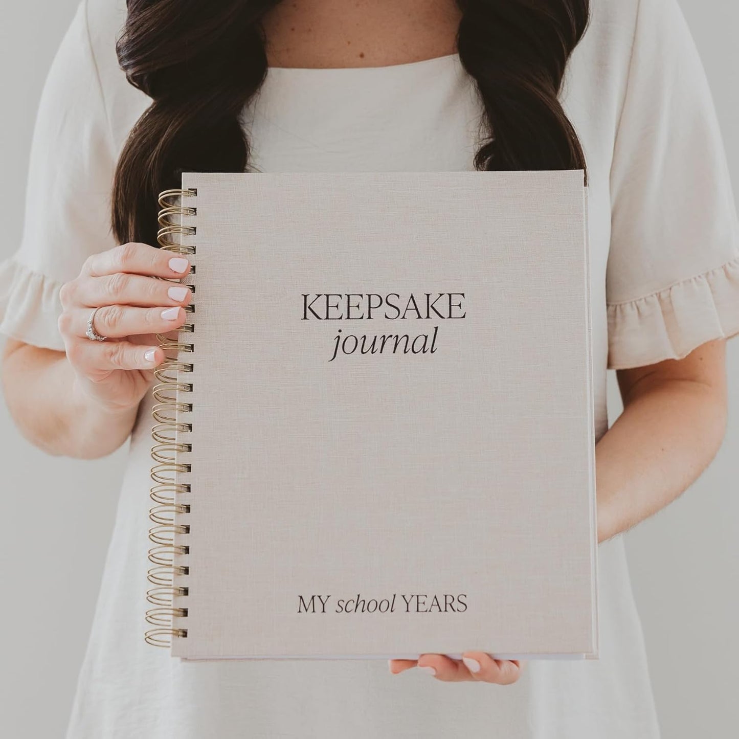 Sweet Water Decor Kid's Keepsake Memory Journal, Cute Prompted Entry Notebook for Moms and Parents, 14 White Craft Envelopes for Capturing Memories, Tan Fabric Spiral Bound Diary with Gold Foil Detail