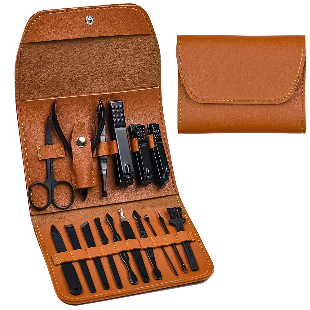 Manicure Set, Pedicure Kit, Nail Clippers, 16 in 1 Professional Grooming Kit Stainless Steel, Toenail Tools with Luxurious Brown Leather Travel Case for Men Women Upgraded Version