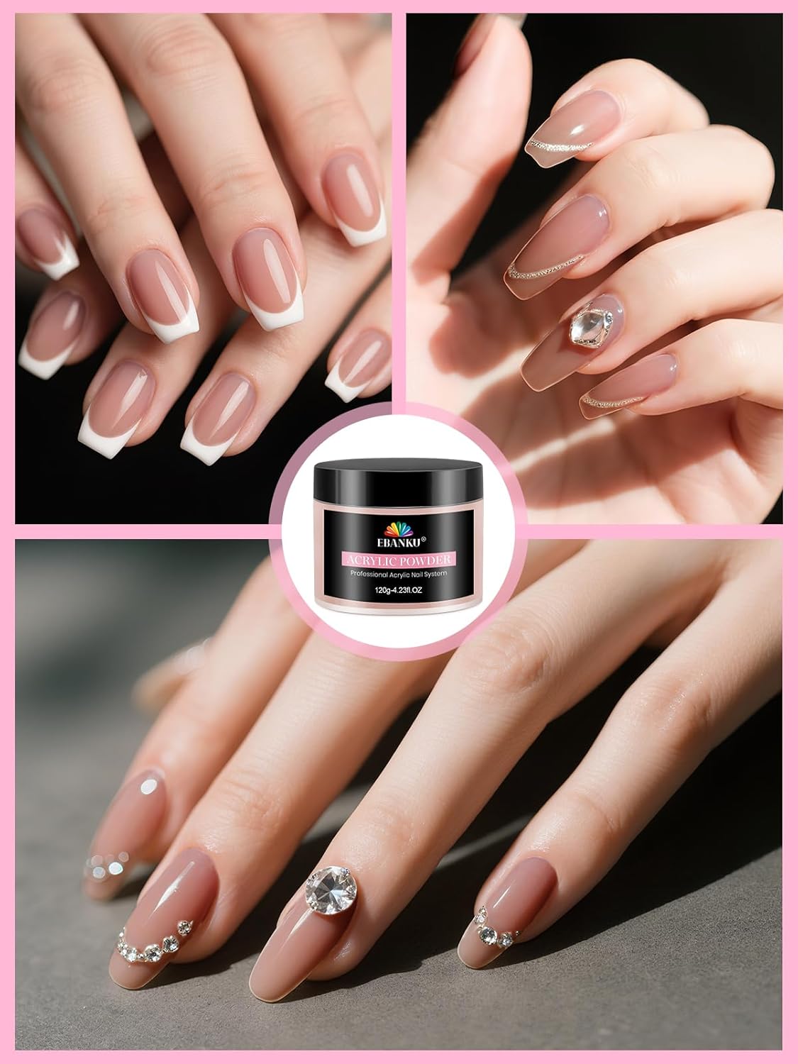 EBANKU Rosy Colors Acrylic Powder, 120g/4.23oz Acrylic Nail Powder Large Capacity Professional Nail Powder for Nail Acrylic Extension, Nail Carving, Long-Lasting, No Nail Lamp Needed