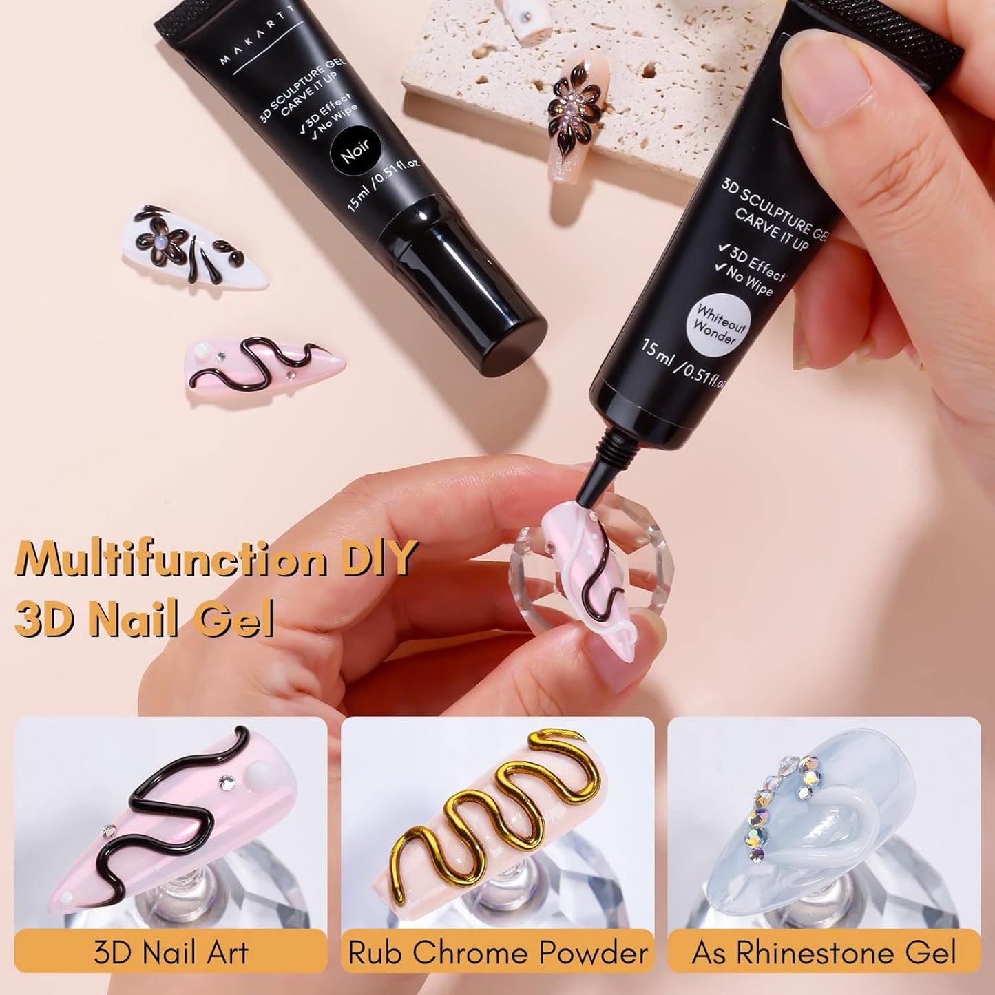 Makartt 3D Gel Nail Art: White and Black Sculpting Candy Molding Gel No Wipe Craving Embossed Gel Polish Set for Decoration Manicure Charm Designs (Whiteout Wonder & Noir)
