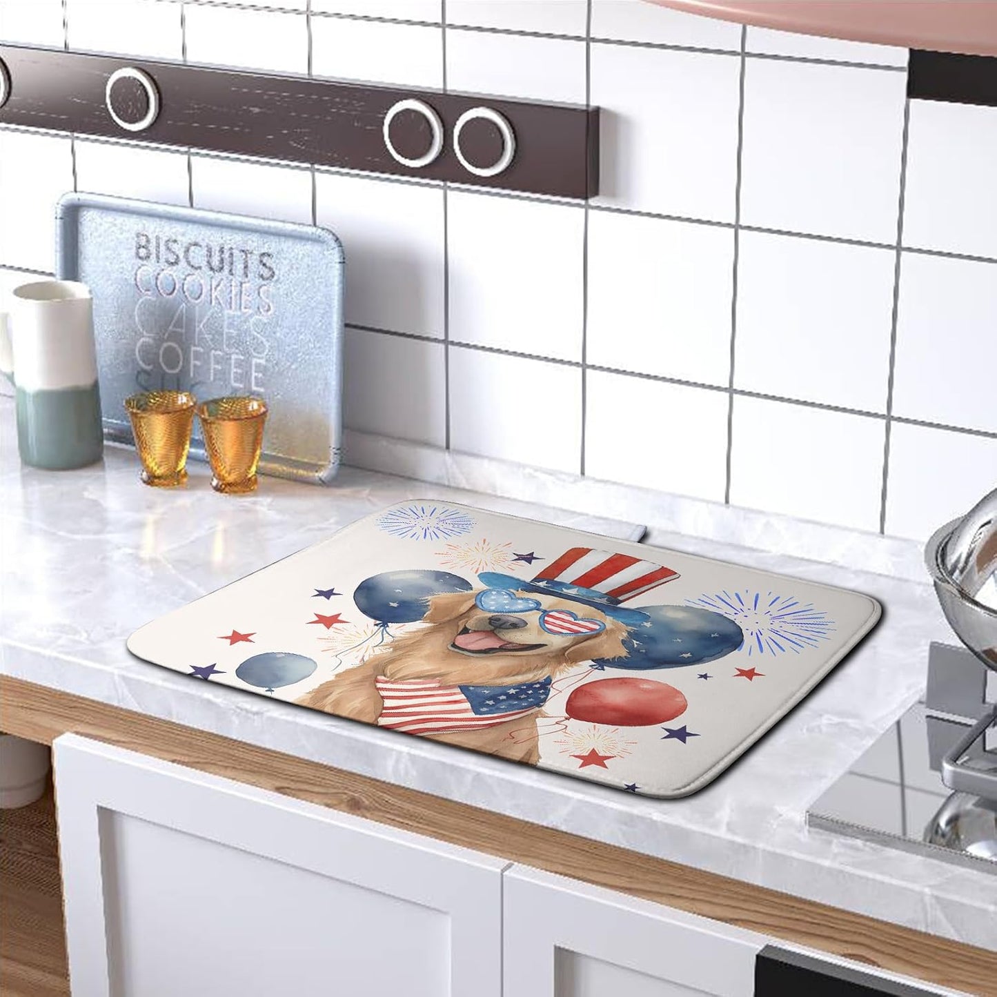 4th of July Patriotic Dog Dish Drying Mat 16 x 18 Inch US Independence Day Blue White Red Kitchen Drying Mat Firework Holiday Dish Drainer Mats Super Absorbent Dish Rack Pad for Kitchen Counter