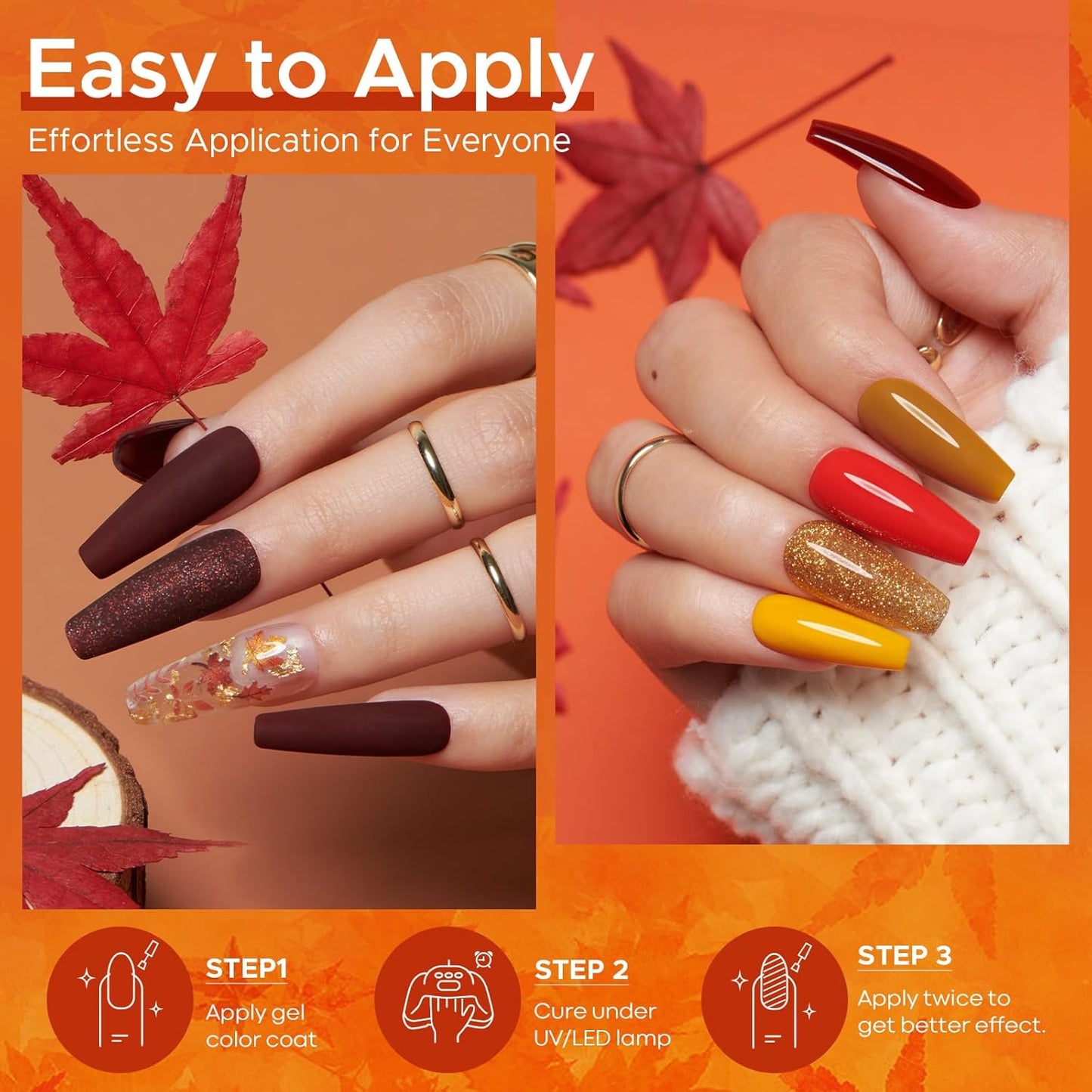 MEFA Fall Gel Nail Polish Set, 23 Colors Brown Orange Nail Polish Set Gold Glitter Yellow Nail Polish Soak Off Red Shimmer Gel Nail Gifts for Women Girl DIY Salon Home Manicure