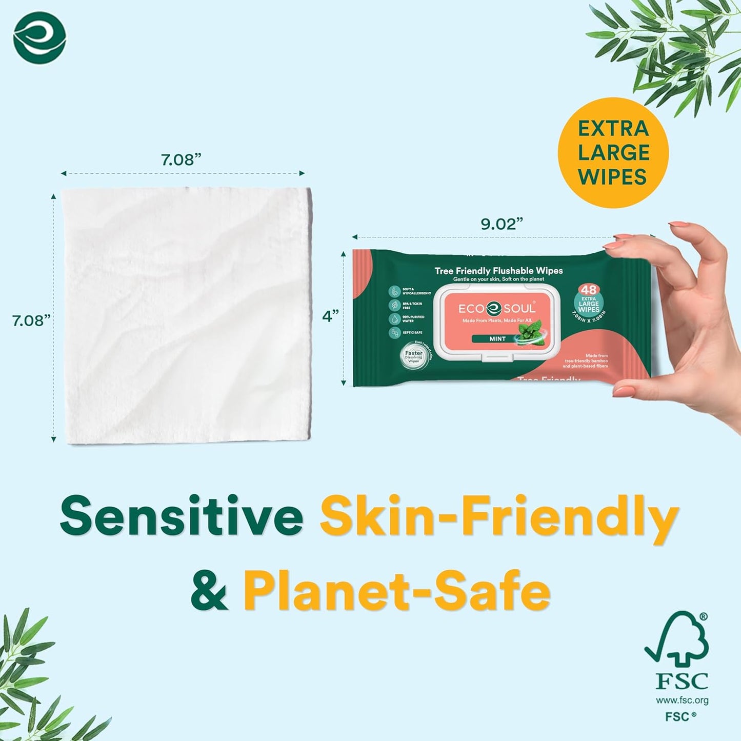 ECO SOUL Bamboo Flushable Wipes For Adult- Mint 384 Wipes |8 Pack of 48| Eco-Friendly Wipes| 99% Purified Water, Hypoallergenic, Soft Wipes, BPA & Paraben free