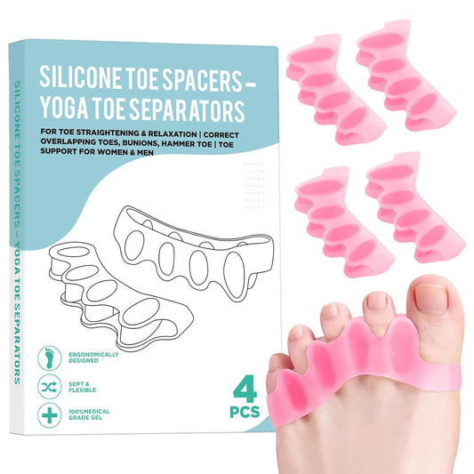 4 Pcs Silicone Toe Spacers – Yoga Toe Separators for Toe Straightening & Relaxation | Correct Overlapping Toes, Bunions, Hammer Toe | Toe Support toe separators for Women & Men (Pink, 3.98)