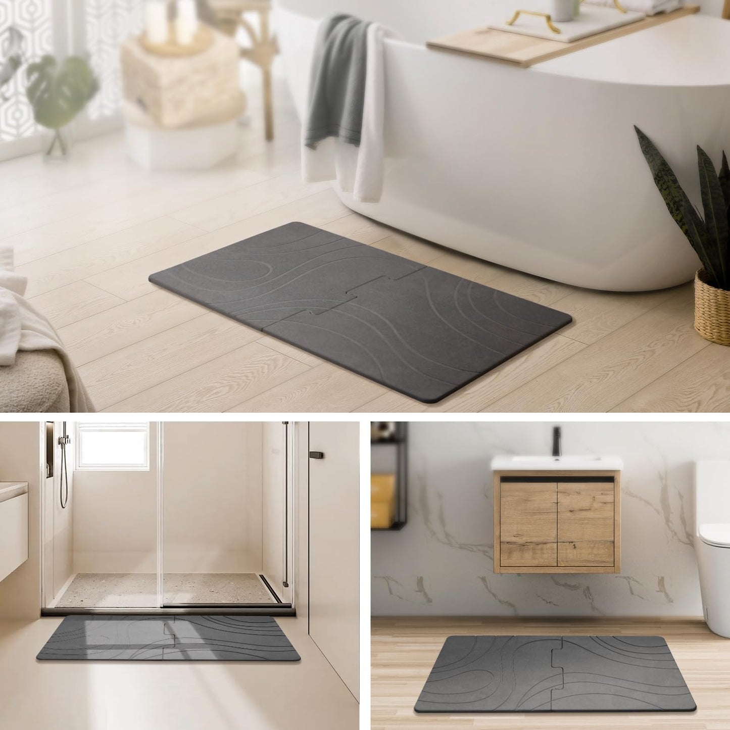 32 * 20 Large Stone Bath Mat for Bathroom Quick Dry Diatomaceous Earth Bath Mat, Non Slip Magic Absorbent Bathroom Floor Shower Mat Water Absorbing Diatomite Stone Dying Bathmat Grey