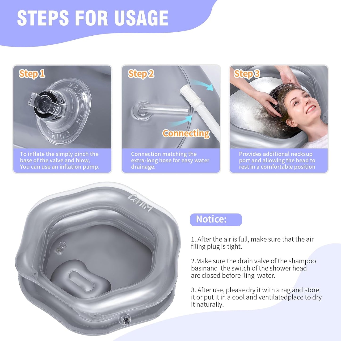 Inflatable Shampoo Basin for Bedridden, Elderly & Disabled - Petal-Shape Large Size, 360° Neck Support, Central Drain Hole with Pull Ring | Leak-Proof PVC Portable Hair Washing Bowl (Silver)