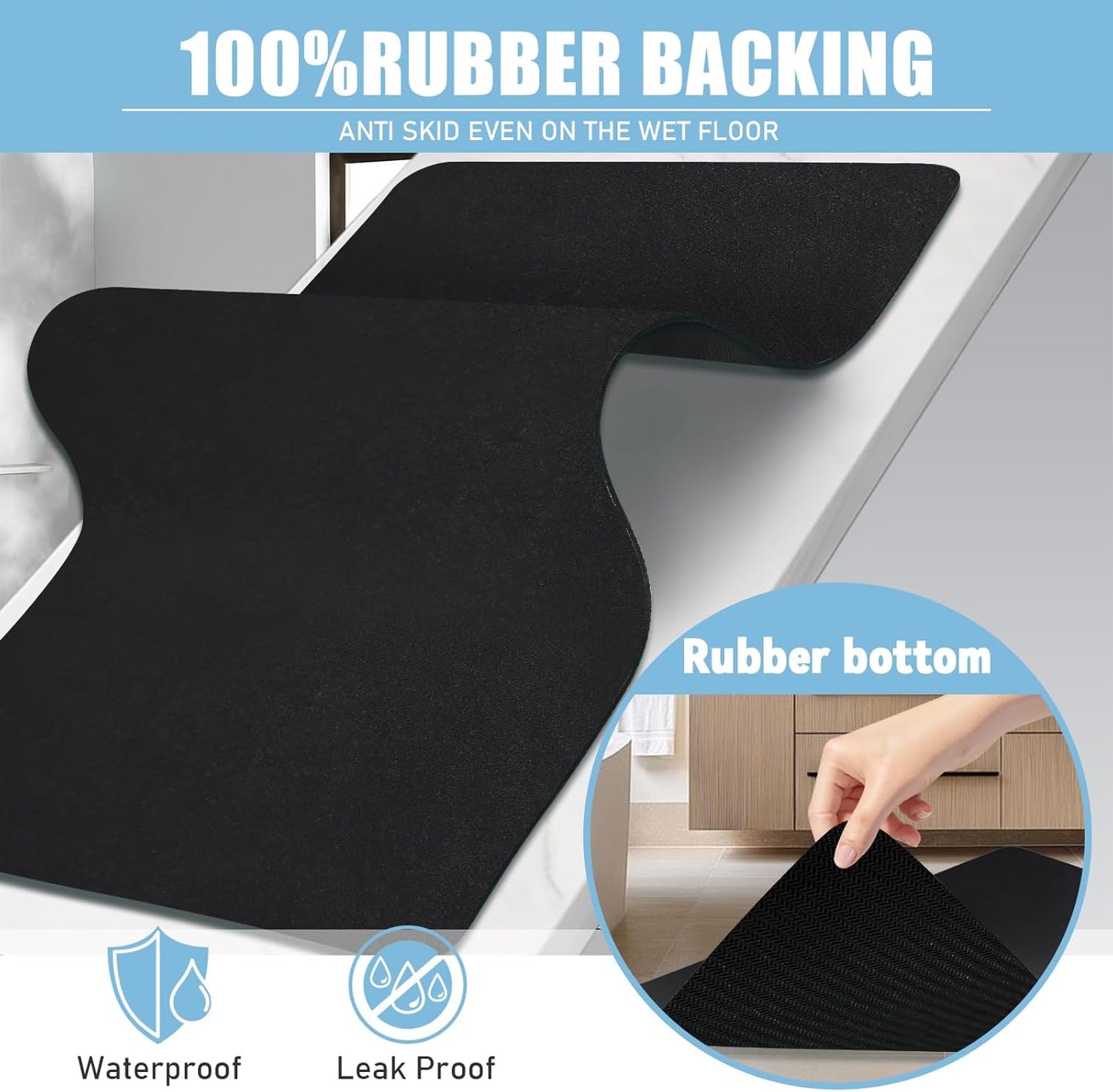 Diatomaceous Earth Bath mat Bathroom Rugs Super Absorbent Quick Dry Non Slip Bath Mat Thin Bathroom Floor Mats Fit Under Door-Shower Rug for in Front of Bathtub Shower, Black, 15.7"*23.6"