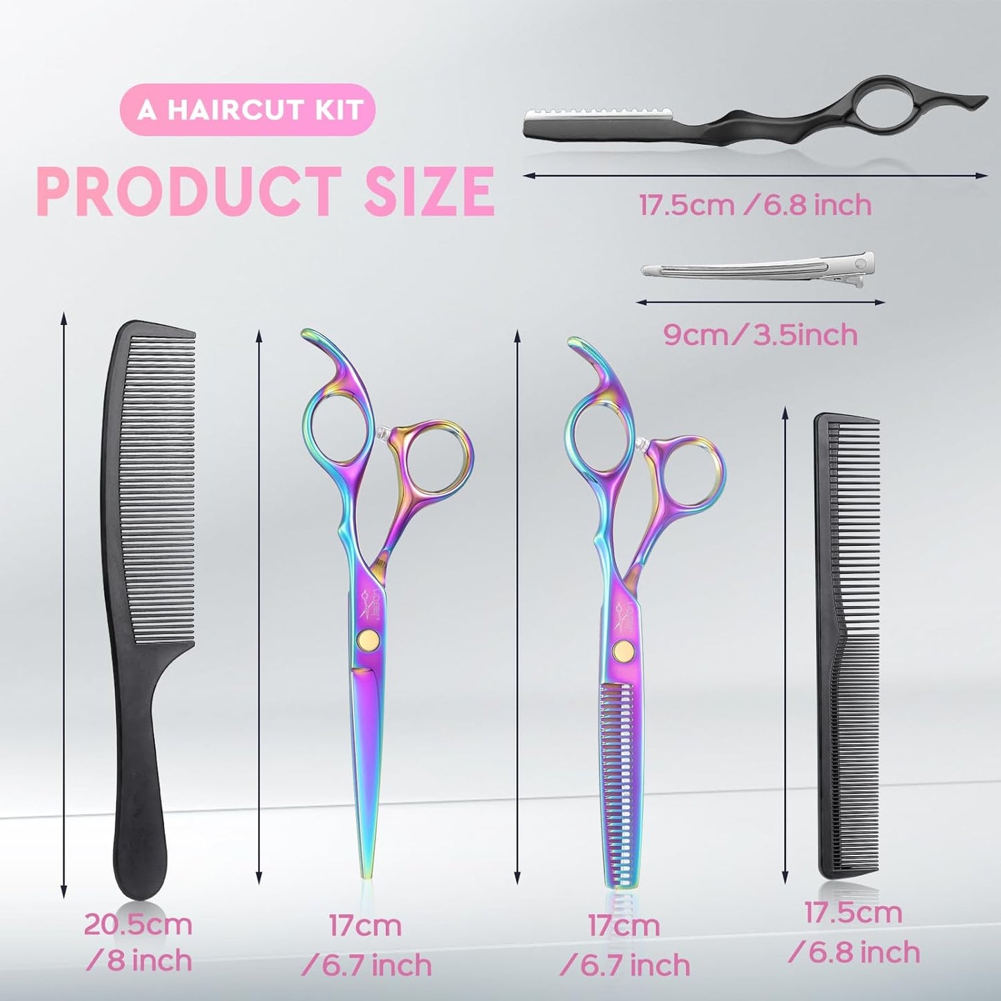 JASON Professional 10-Piece Haircut Scissors Kit - Texturizing Scissors with 30 Teeth, Straight Shears for Barber, Hairdresser, Men, Women, Stylist (6.7", Rainbow)